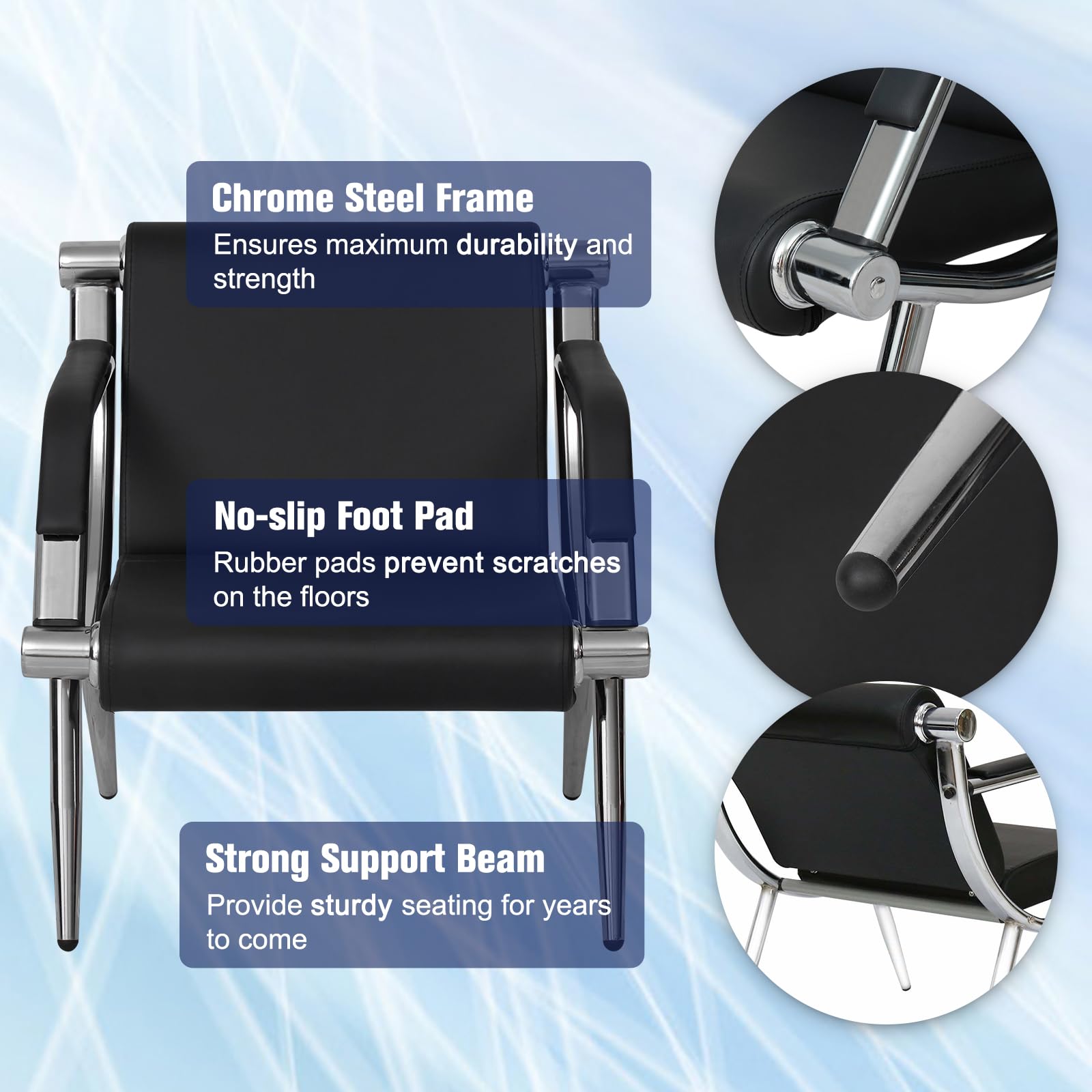 Kinpaw Leather Waiting Room Chairs - Heavy Duty Reception Bench with Padded Arms & Backrest, Black Office Conference Chairs for Meeting Rooms, Lobby Seating and Professional Workspaces