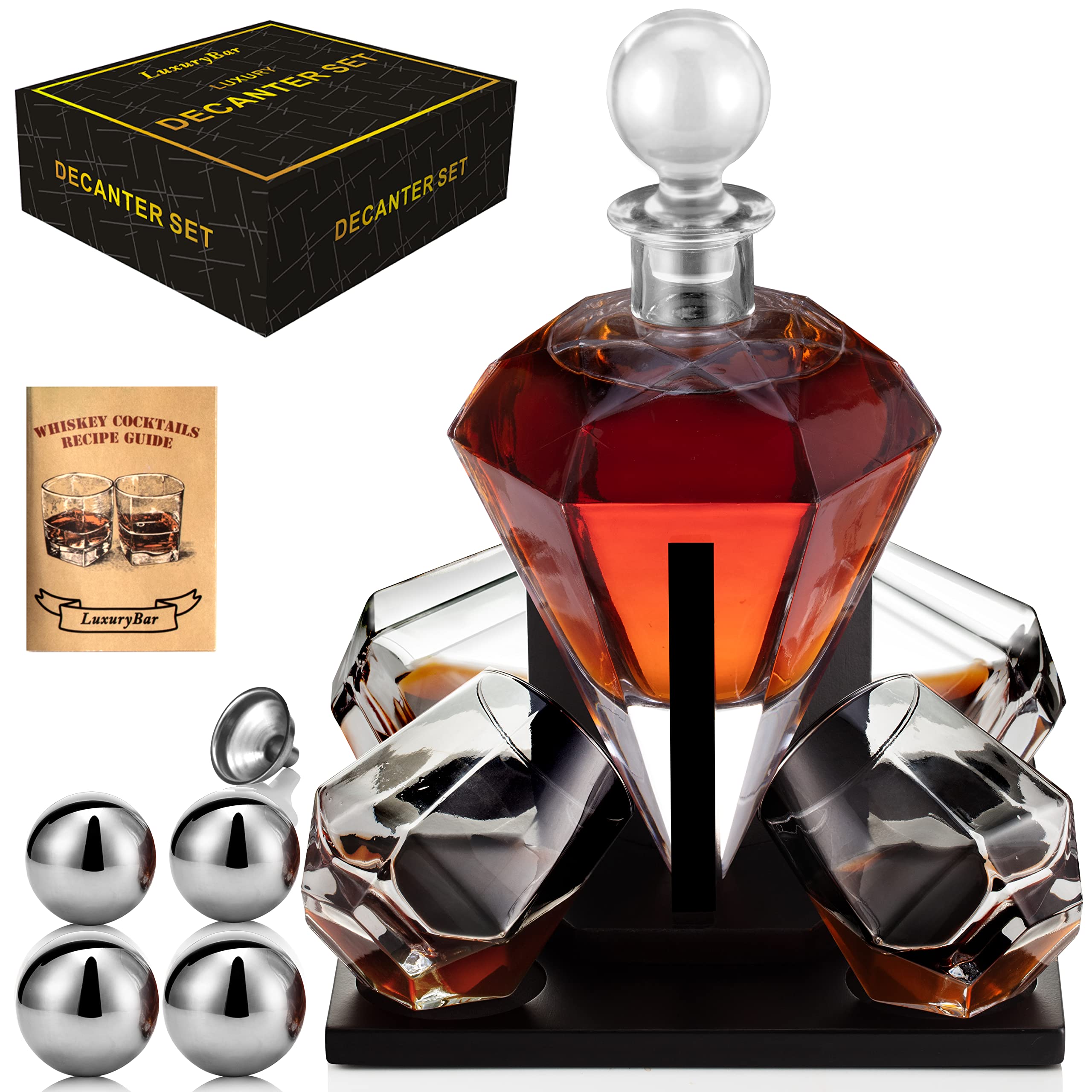 Premium Diamond-Cut Whiskey Decanter Set with ChillBall & Tray - Elegant Bourbon Liquor Dispenser - Perfect Gift for Men - Ideal for Home Bars, Dinner Parties & Whiskey Tasting Events