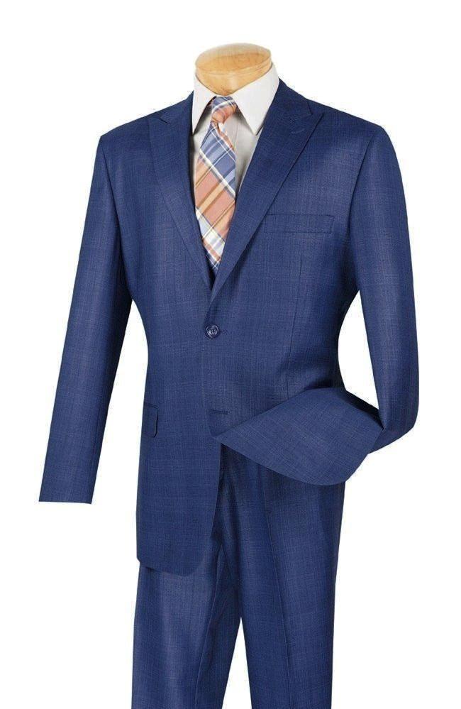 Pommy Collection Men's Blue Glen Plaid 2-Piece Dress Suit Set - Regular Fit Formal Business Attire for Weddings, Office & Special Occasions
