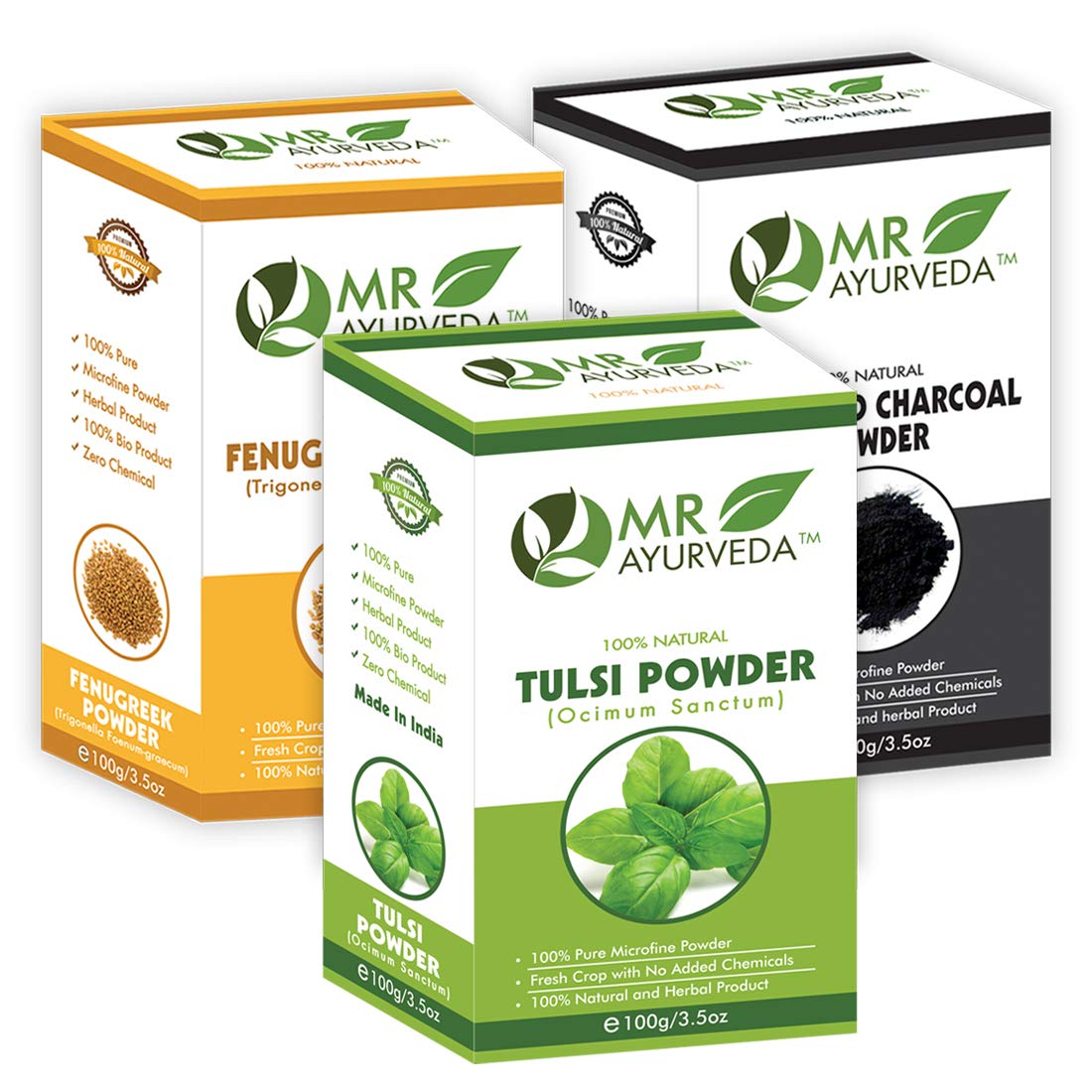 MR Ayurveda 100% Pure Fenugreek Powder, Tulsi Powder & Activated Charcoal Powder - Organic Herbal Trio Set (3 x 100g) for Detox, Hair Growth & Skin Care | Perfect for Ayurvedic Remedies, Tea Blends & Natural Beauty Treatments