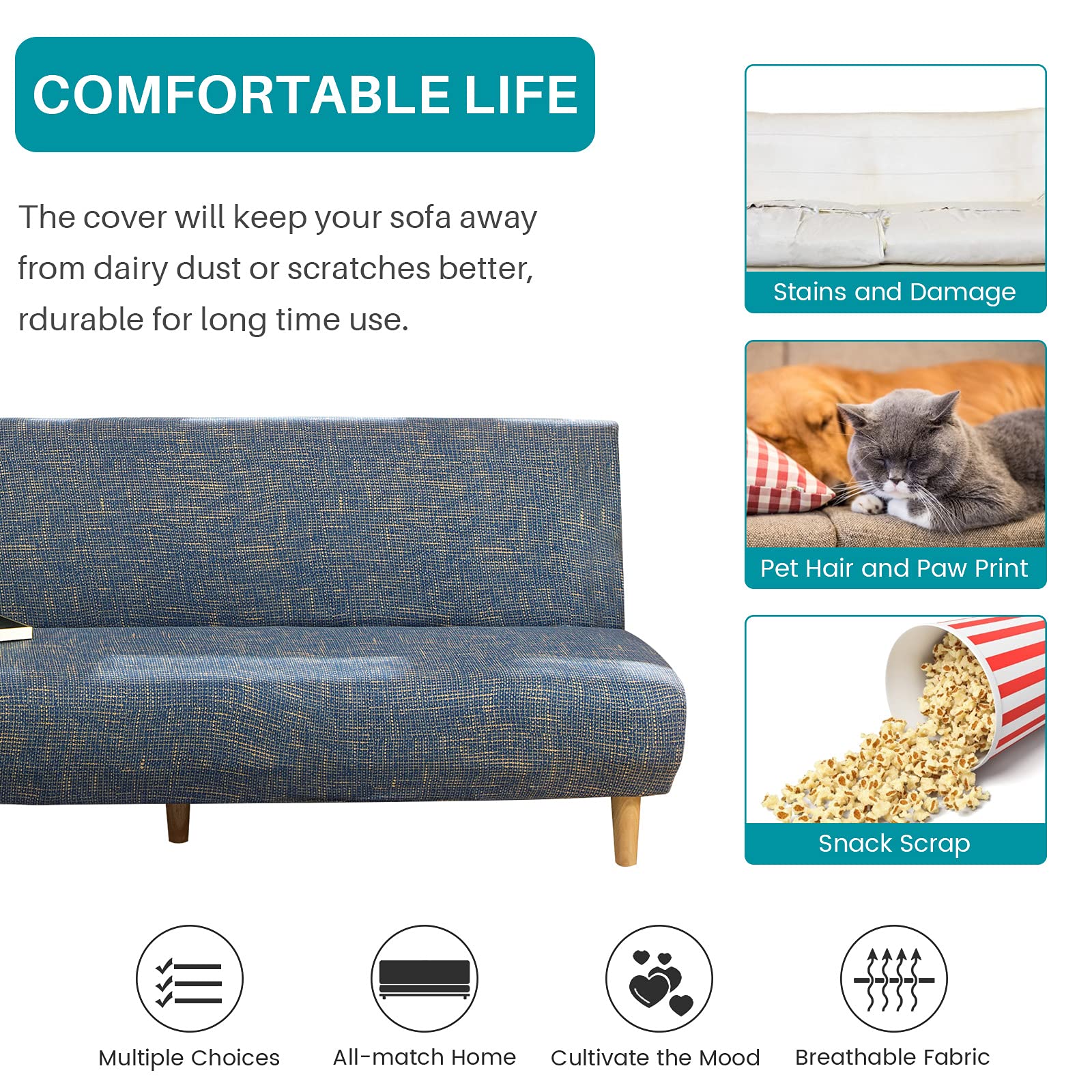 Stretch Sofa Slipcover - Armless Futon Cover, Printed Fitted Furniture Protector, Elastic Polyester Spandex, Washable Sofa Cover for Folding Couch - Perfect for Living Room, Dorm, Apartment & Home Decor Protection