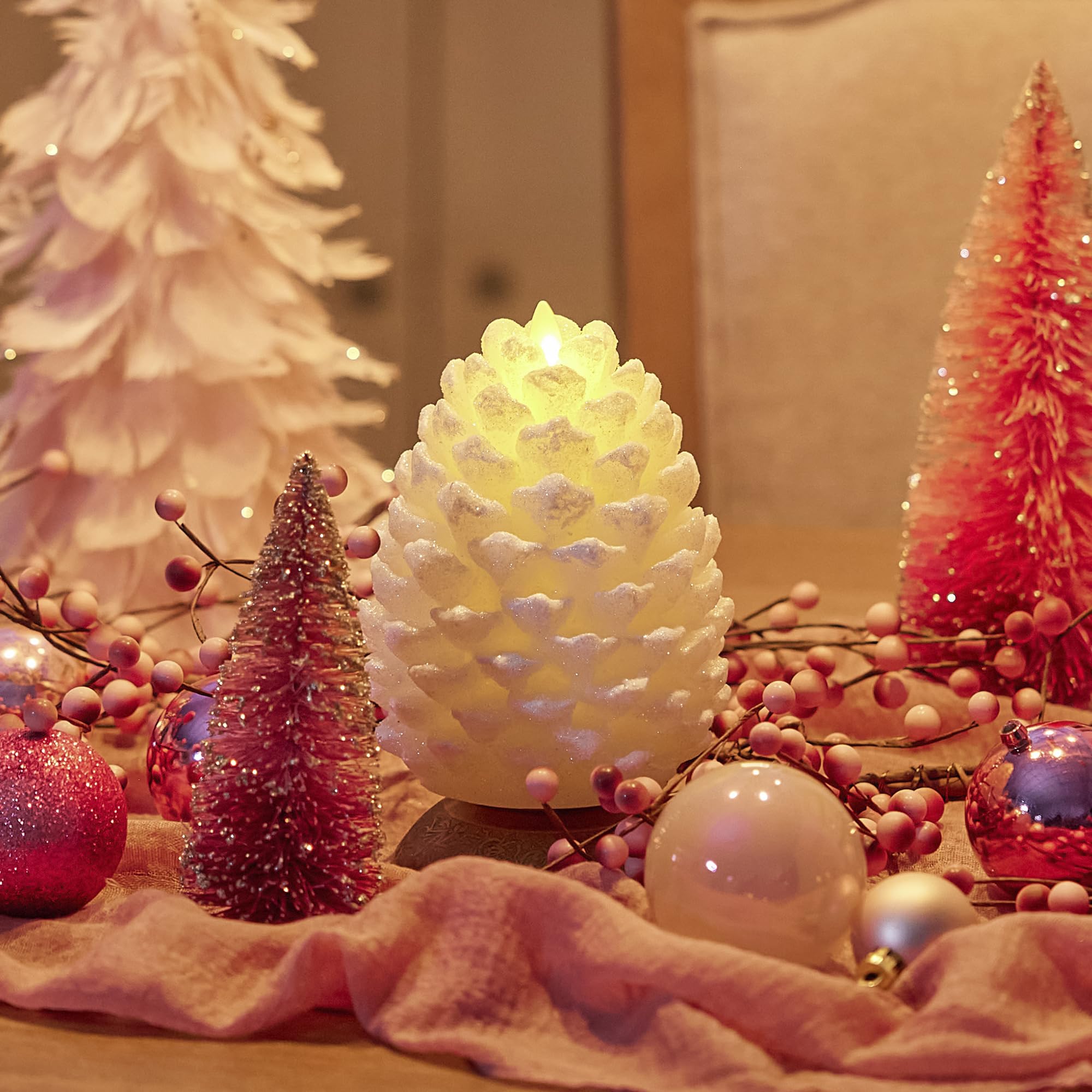 Luminara Flameless LED Candle - White Swan Glitter Pinecone Design with Snow Finish, Real Wax Unscented, Battery Operated with Timer, 4.7