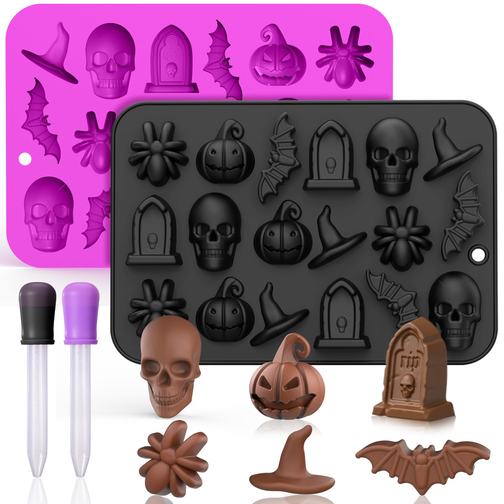 BABORUI Halloween Silicone Molds - 2Pcs 3D Skull Chocolate Molds for Baking, Pumpkin Bat Ghost Witch Hat Spider Tombstone Shapes - Perfect for Halloween Party Treats, Cupcake Decorations & DIY Candy Making