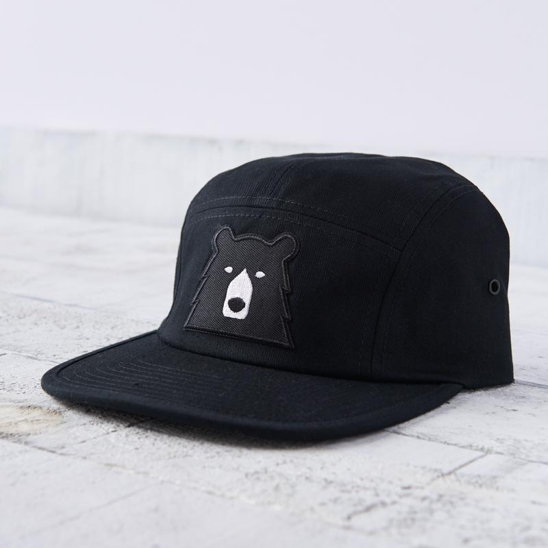 5 Panel Hat for Men & Women - Black with Black Bear Embroidery - Adjustable Snapback Cap for Outdoor, Hiking, and Casual Wear