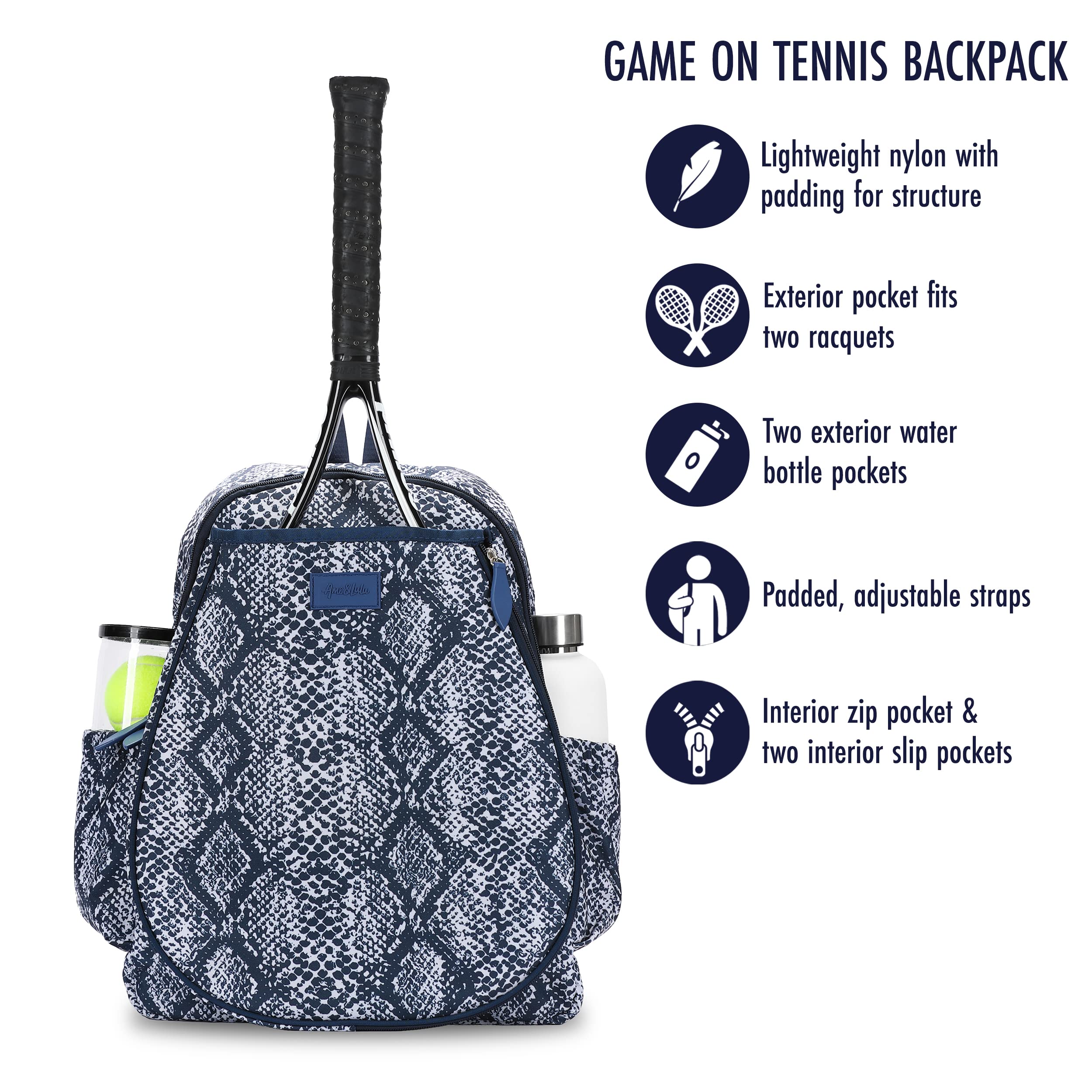 Ame & Lulu Game On Tennis Backpack with Padded Adjustable Straps & 2 Exterior Water Bottle Pockets - Perfect for Tennis, Gym & School Sports Gear Storage