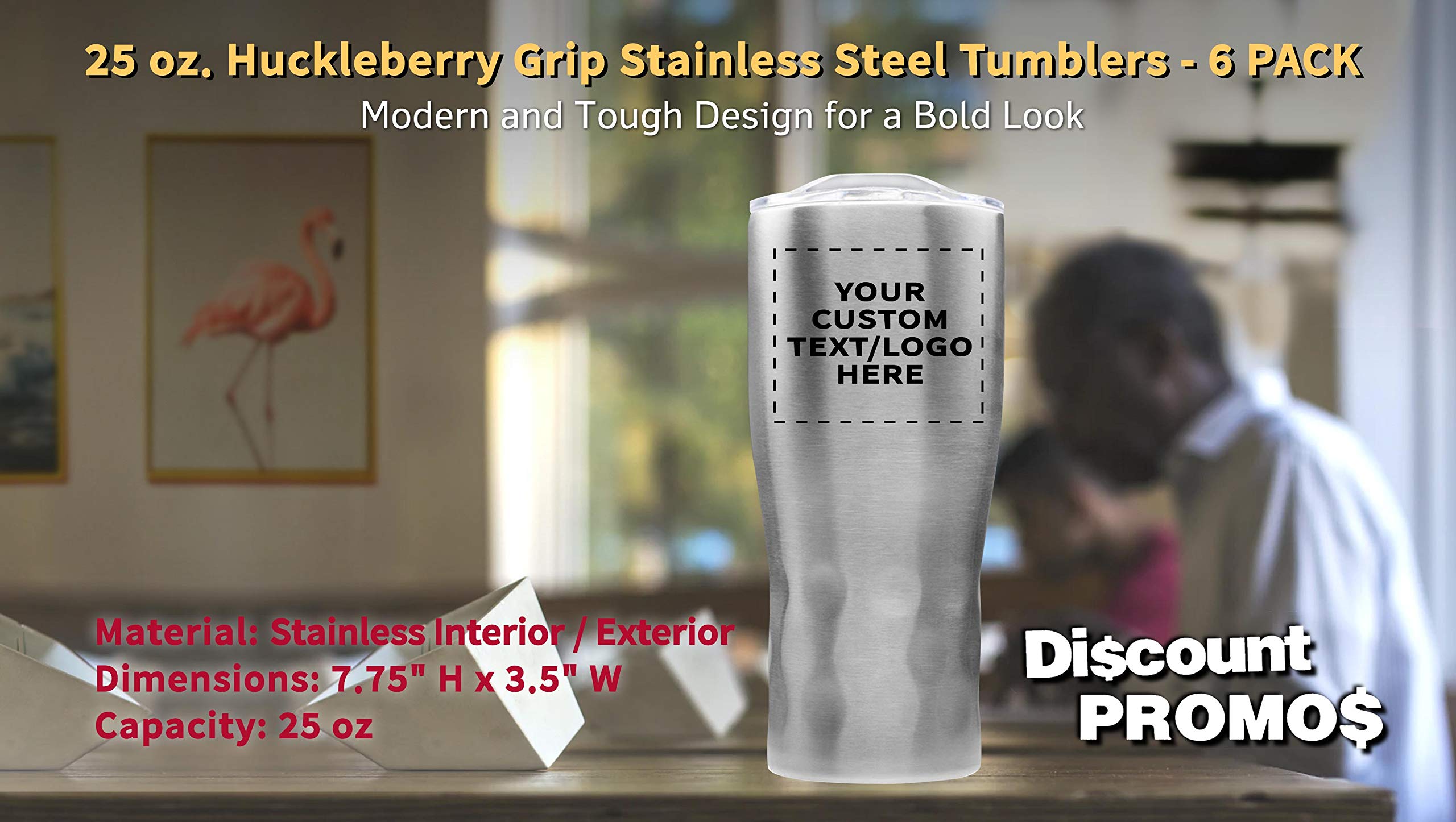 Personalized 25 oz Stainless Steel Tumbler with Huckleberry Grip - 6 Pack Custom Cups for Coffee, Tea & Cold Drinks - Engraved Text/Logo - Silver - Perfect for Office, Gym & Outdoor Activities