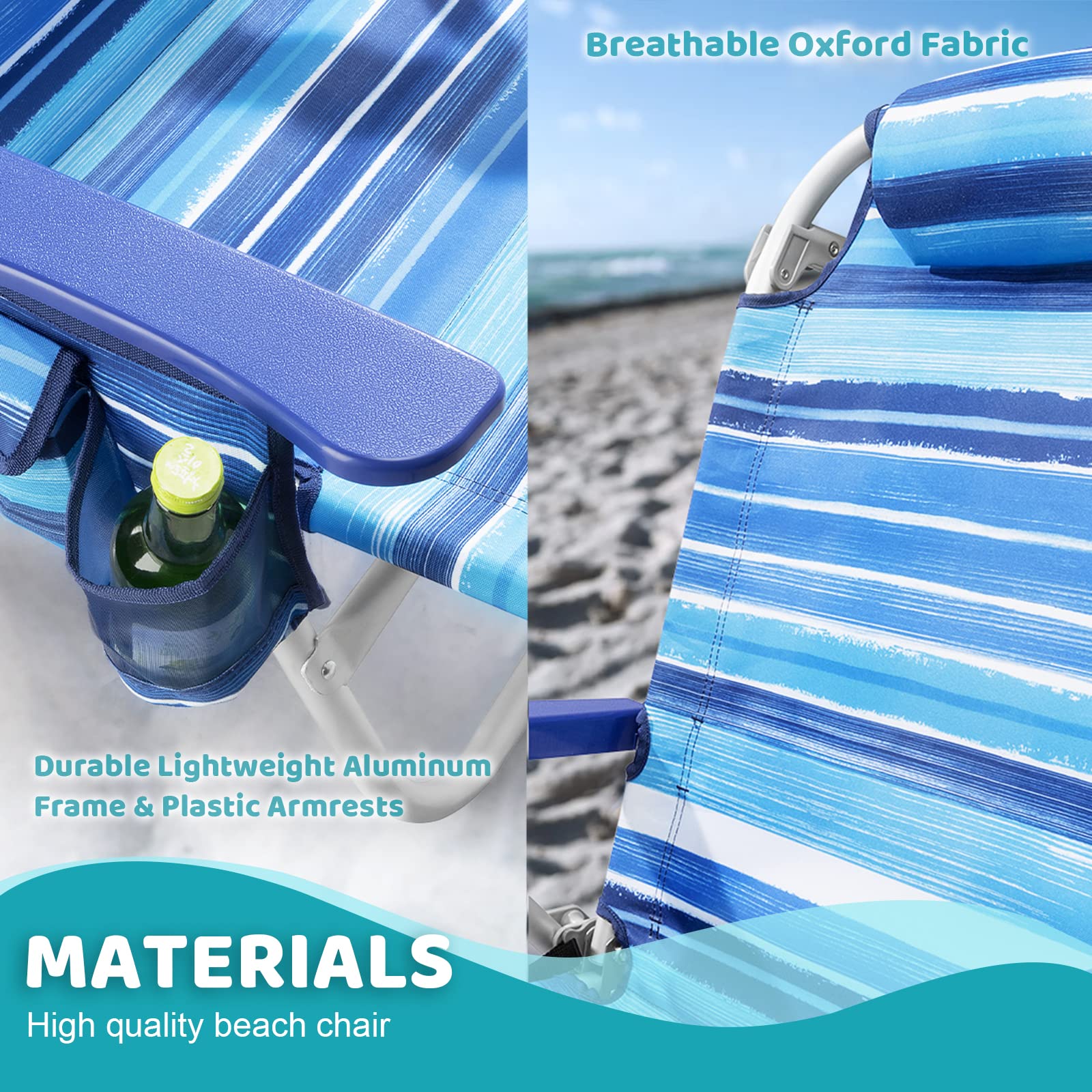 **LEMBERI Heavy Duty Folding Beach Chair for Adults - Adjustable High Back Camping Chair with Large Pockets, Cup Holder & Towel Rack - Portable for Outdoor, Travel, Picnics & Beach Lounging (2-Pack, Blue)**