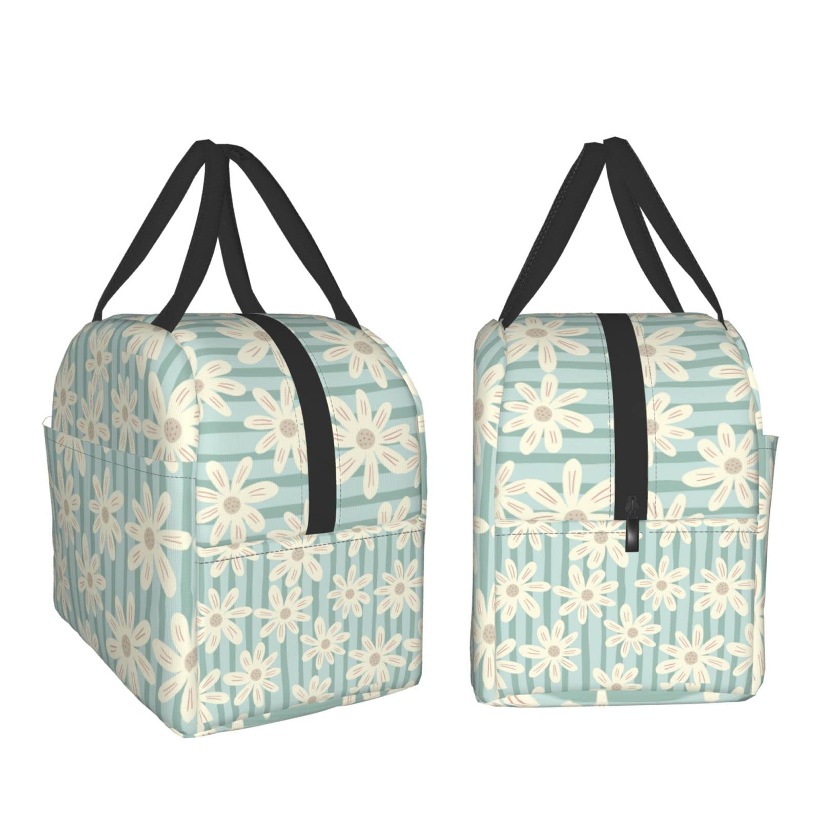 Insulated Lunch Box with Daisy Flower Stripe Design - Reusable & Portable Meal Container for Men & Women - Perfect for Work, Travel, Picnic & Outdoor Activities