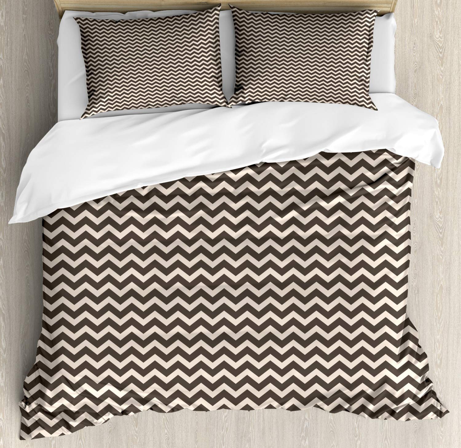 Ambesonne Chevron Duvet Cover Set King Size - Abstract Zigzag Pattern in Earthy Tones, 3-Piece Bedding with 2 Pillow Shams, Dark Taupe Champagne - Perfect for Modern Bedrooms & Guest Room Decor