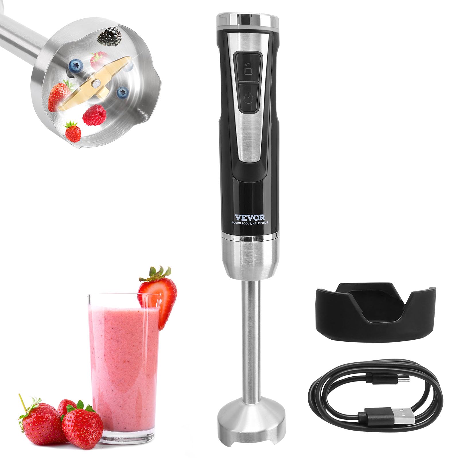 VEVOR 8-Speed Immersion Hand Blender with Stainless Steel Blade & Copper Motor - USB Rechargeable Stick Mixer with Ergonomic Grip - Perfect for Smoothies, Soups, Baby Food & Baking at Home