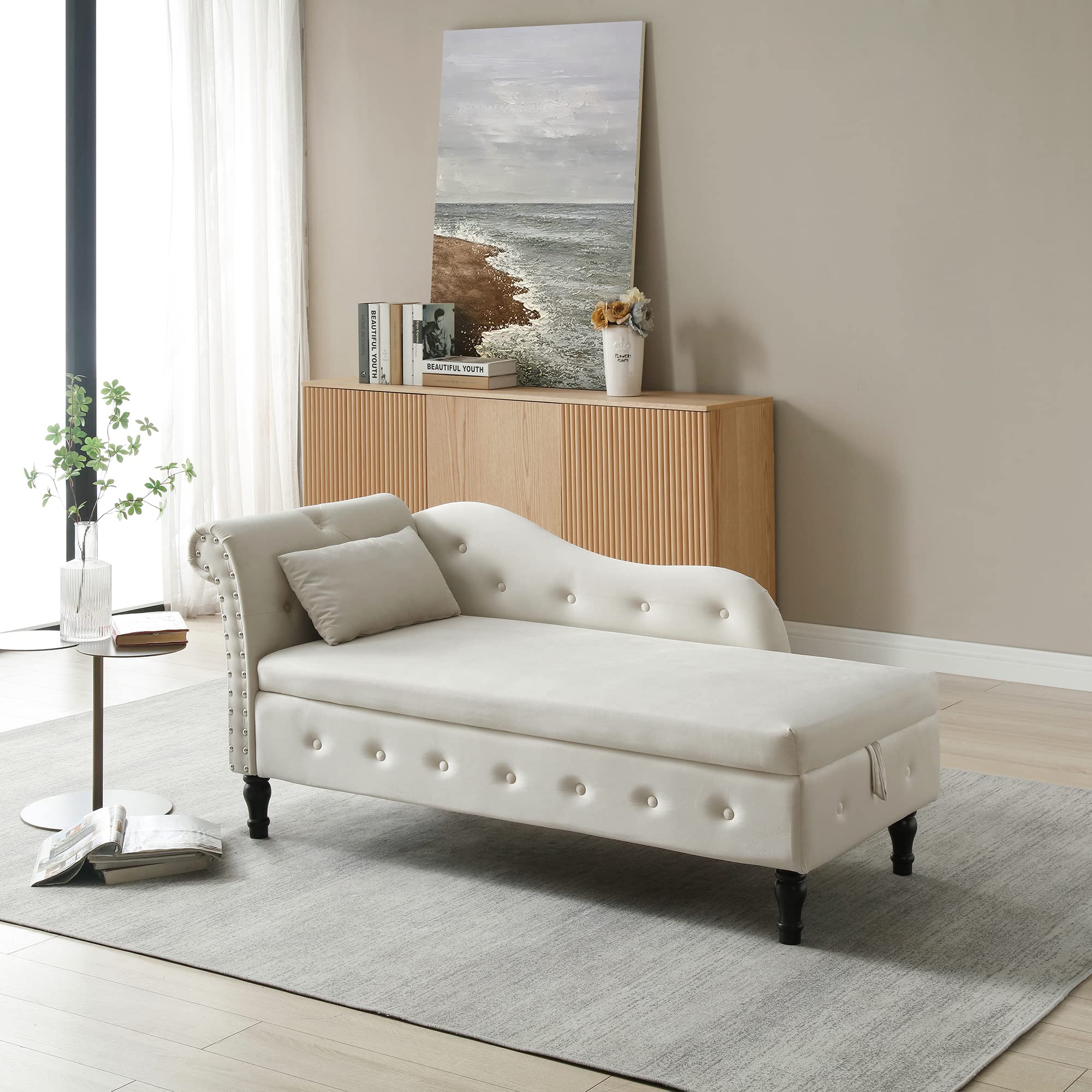 Holaki Velvet Storage Chaise Lounge - Tufted End of Bed Bench with Pillow, Nailhead Trim & Solid Wood Legs | Modern Sleeper Sofa Couch for Living Room, Bedroom & Dorm (Beige) - Perfect for Small Spaces, Guest Seating & Extra Storage