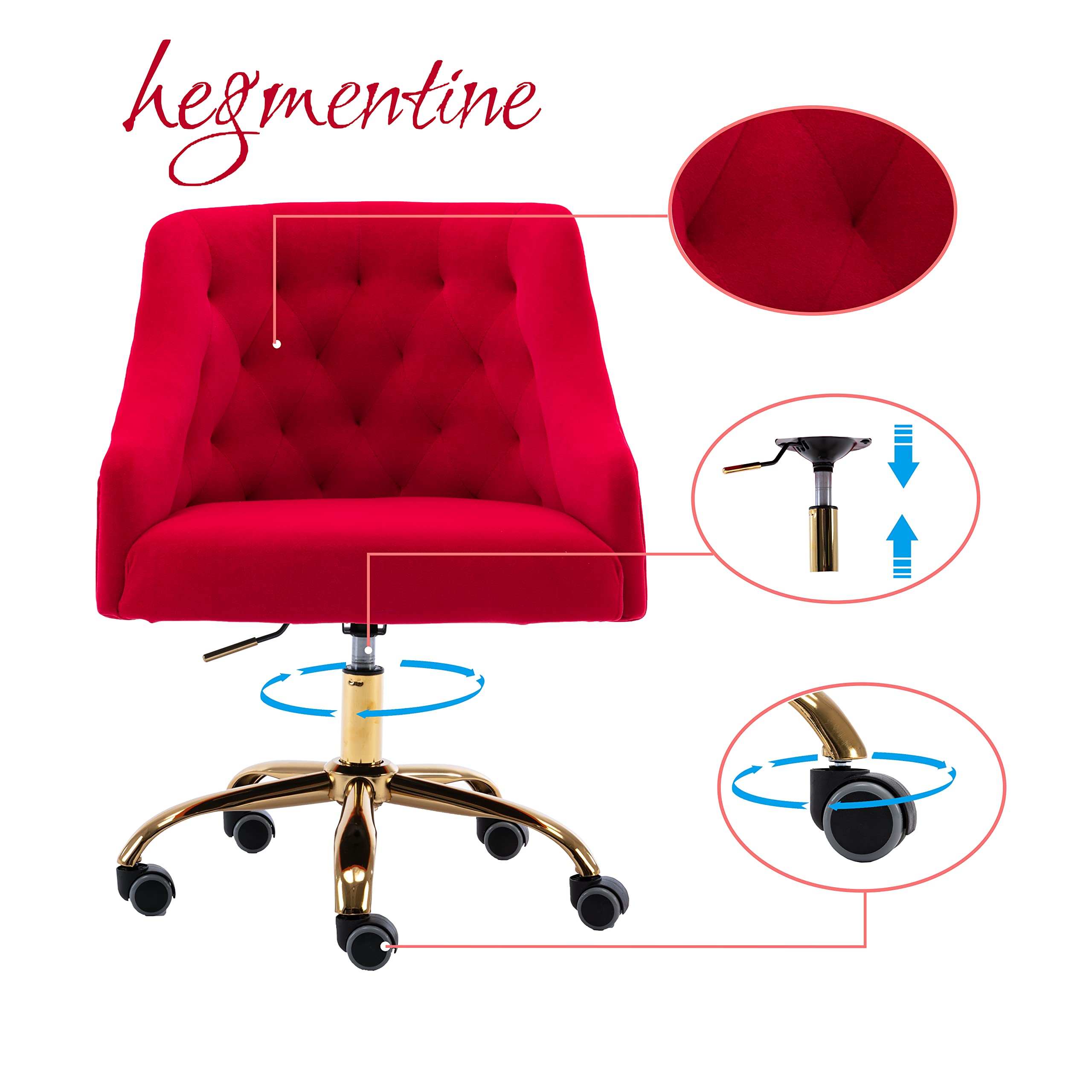 Ergonomic Velvet Swivel Office Chair - Adjustable Height Rolling Desk Chair for Home Office, Makeup Vanity, Living Room & Bedroom - Comfortable Task Chair with Wheels (Red) - Perfect for Remote Work, Gaming & Beauty Routines