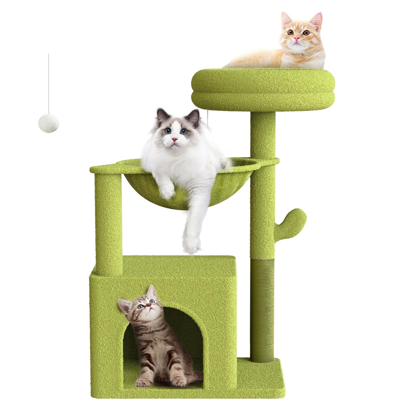 28 Inch Small Cat Tree with Hammocks & Scratching Post - Cactus Shaped Cat Condo Activity Center with Toys, Plush Perches & Fluffy Ball for Kittens (Light Green) - Perfect for Indoor Play & Climbing Fun