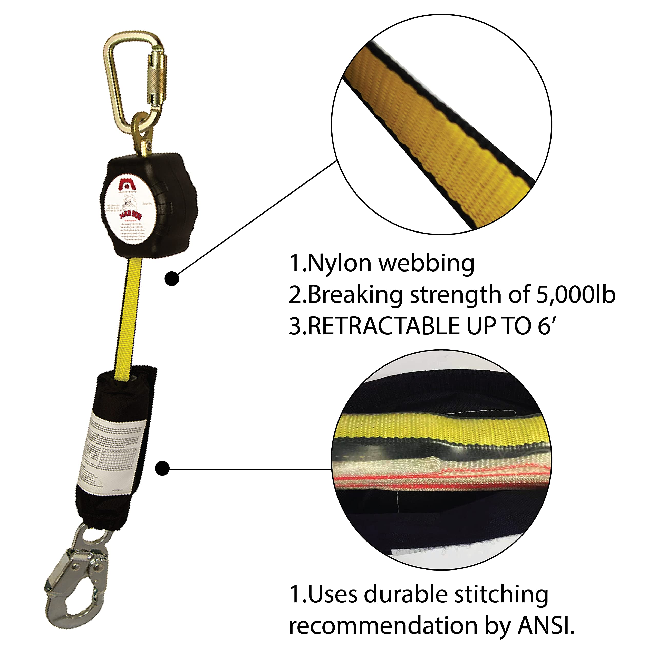 Premium Fall Protection Self-Retractable Safety Lanyard - OSHA Compliant, 450lb Capacity - Ideal for Construction, Roofing & Industrial Work