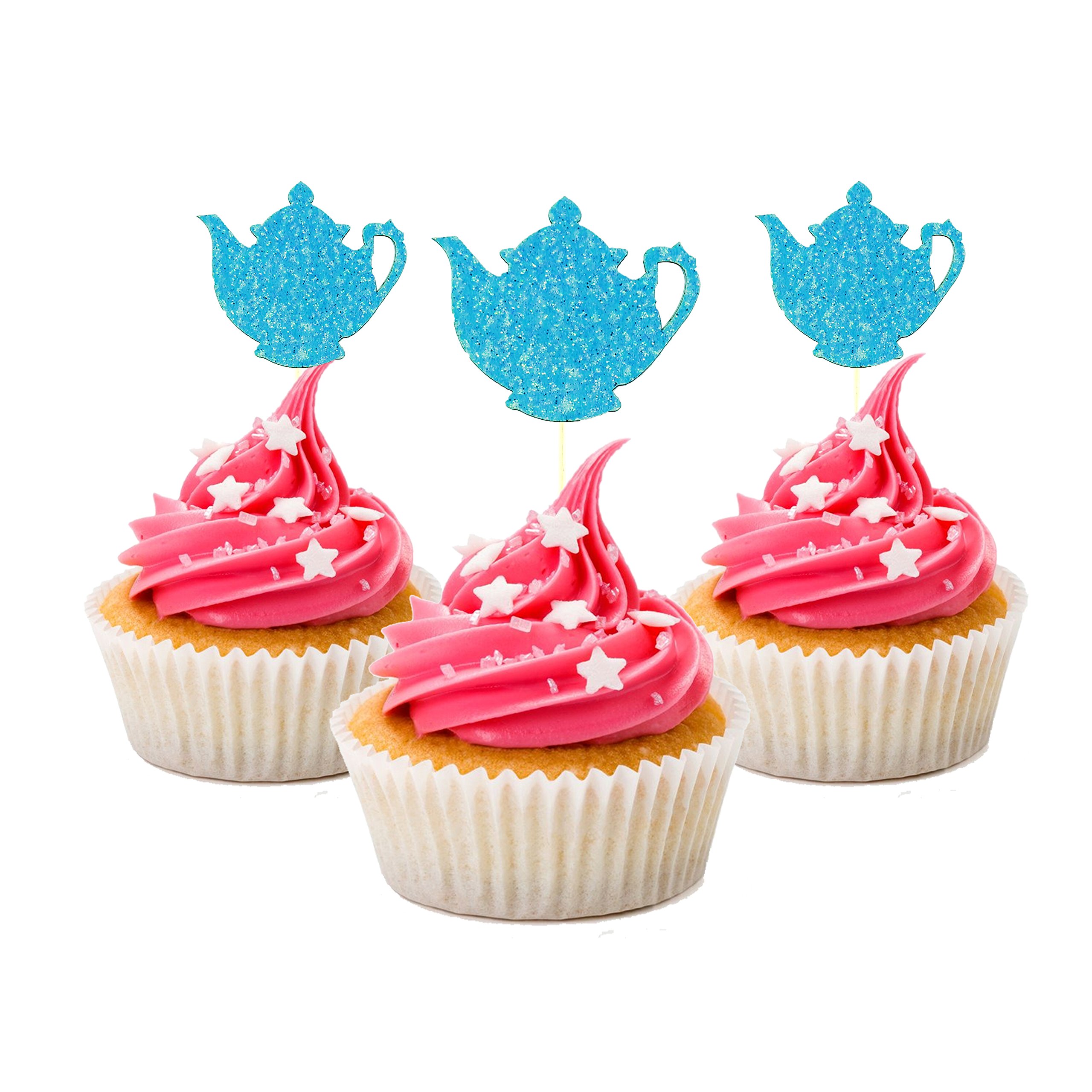 12-Pack Blue Tea Pot Cupcake Toppers - Edible Cake Decorations for Birthday, Baby Shower & Tea Party Themes