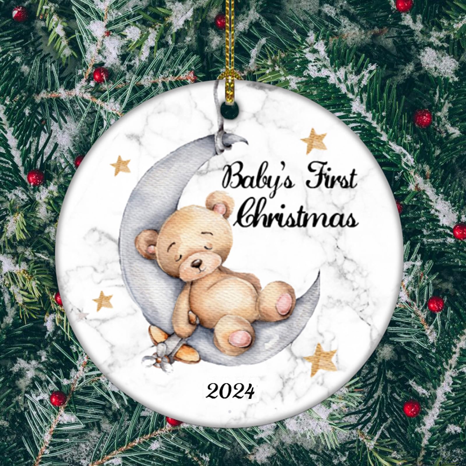 2025 Baby's First Christmas Ornament - Cute Boy Bear on The Moon for Newborn & Newlywed Decor (Yellow & White) - Perfect for Christmas Tree, Nursery, Wedding & Holiday Celebrations