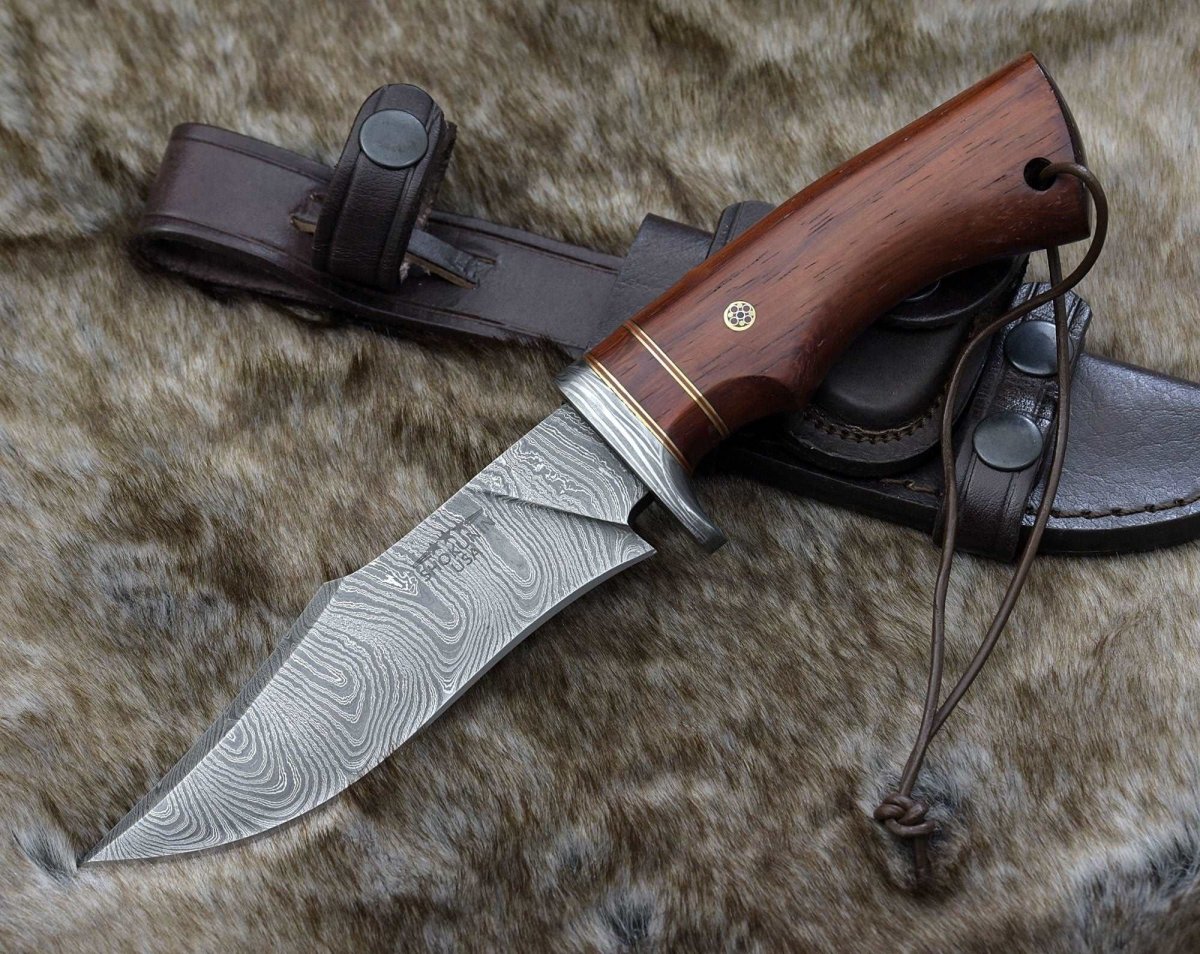 Premium Polaris Damascus Hunting Knife with Exotic Red Heart Wood Handle - Durable Outdoor Survival Tool for Camping, Hunting & Bushcraft