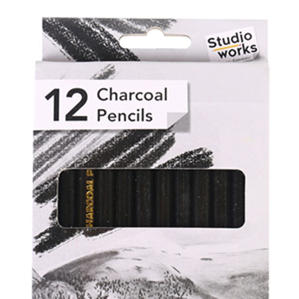 12-Piece Studio Works Premium Charcoal Pencils for Artists - Deep Tone Sketching & Shading - Perfect for Drawing, Sketching & Professional Artwork