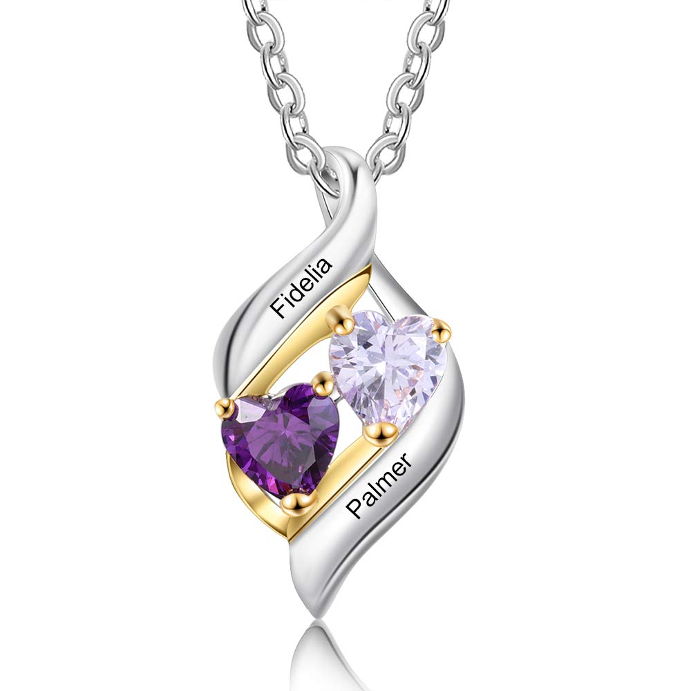 ROSI Personalized Heart Name Necklace for Couples - Custom Engraved Promise Necklace with 2 Simulated Birthstones - Romantic Gift for Wife, Girlfriend or Mom - Perfect for Anniversaries, Valentine's Day & Mother's Day