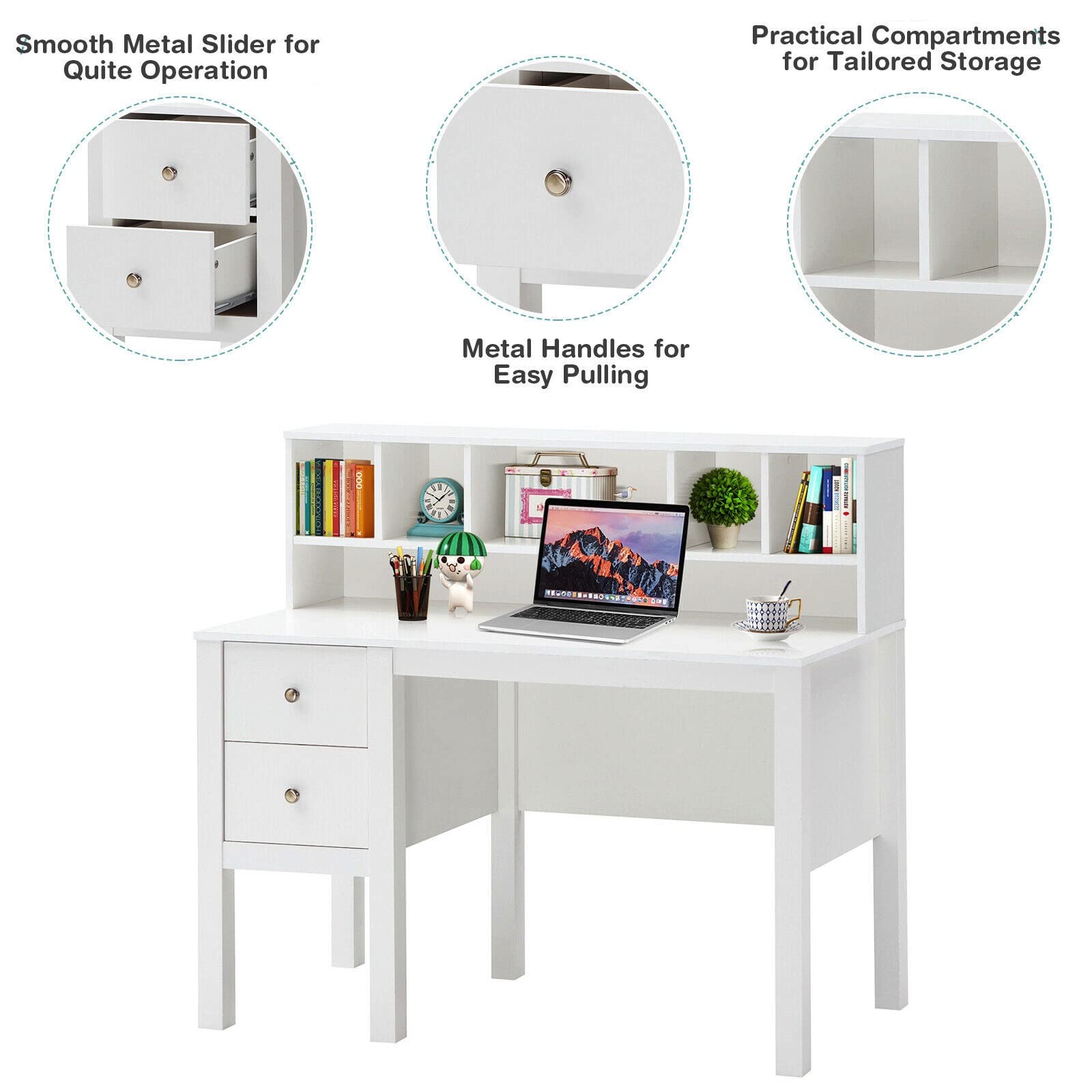White Computer Desk with Hutch & 2 Slide-Out Drawers - Modern Laptop Workstation, Study Writing Table for Home Office - Spacious Tabletop with Anti-Tipping Straps - Perfect for Small Spaces, Gaming Setup & Remote Work