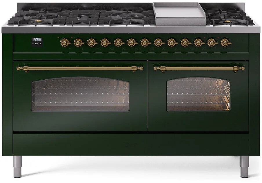 ILVE Nostalgie II 60-Inch Dual Fuel Natural Gas Range with Brass Trim - Emerald Green | Professional Gas Stove for Modern Kitchens | Perfect for Home Chefs & Entertaining
