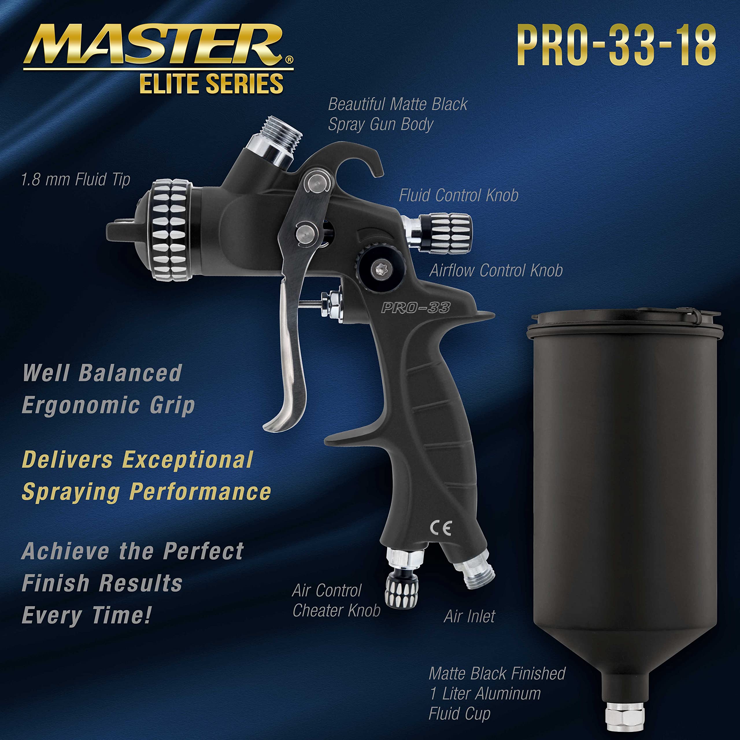 Master Elite PRO-33 HVLP Spray Gun Kit - 1.8mm Nozzle & 25 Disposable Cups for Automotive, Woodworking & DIY Projects - High Performance Gravity Feed Spray Gun for Paint, Stain & Varnish