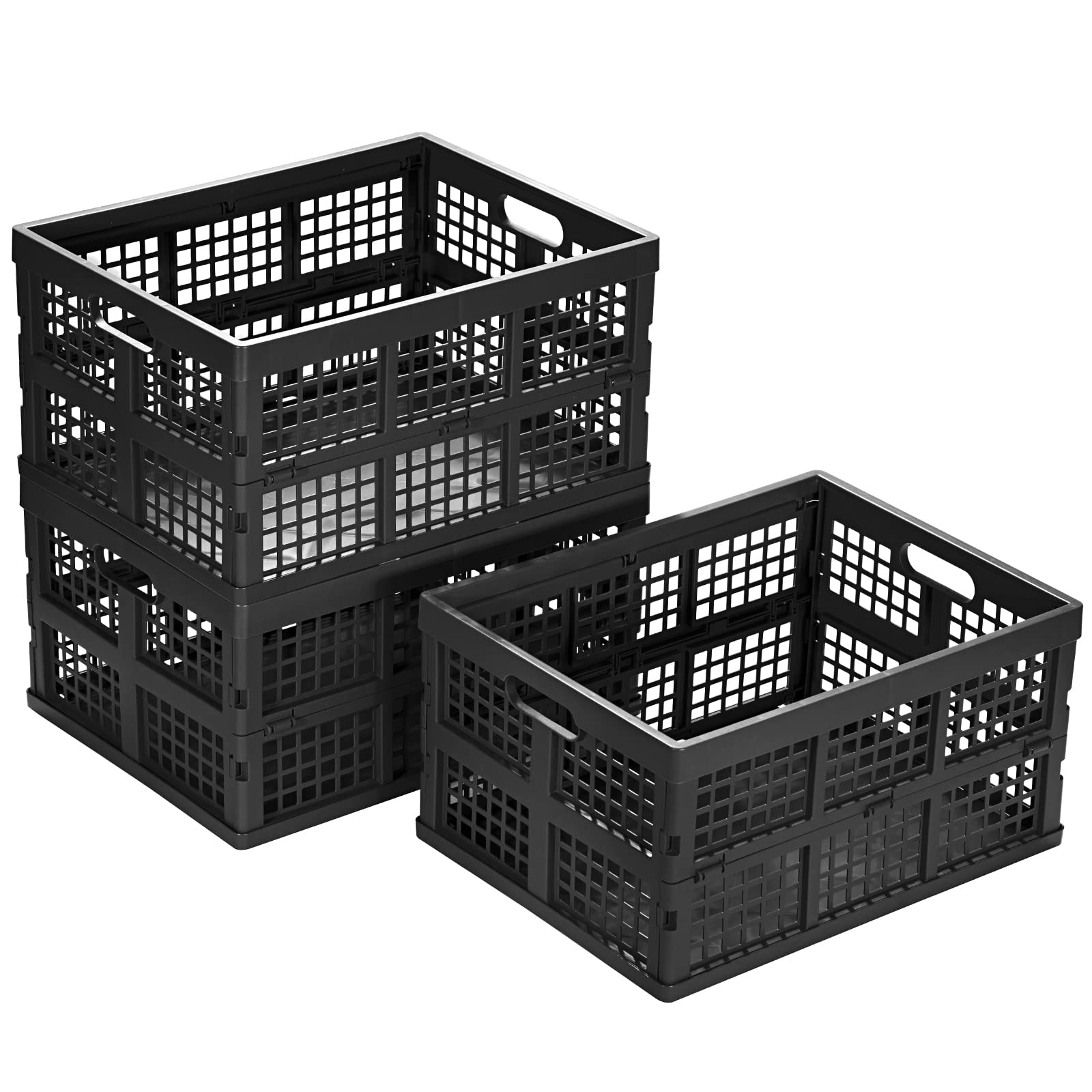 34L Large Plastic Folding Storage Crates - Pack of 3 Black Collapsible Bins for Home Organization, Garage, Office & Moving Supplies | Space-Saving Storage Solution