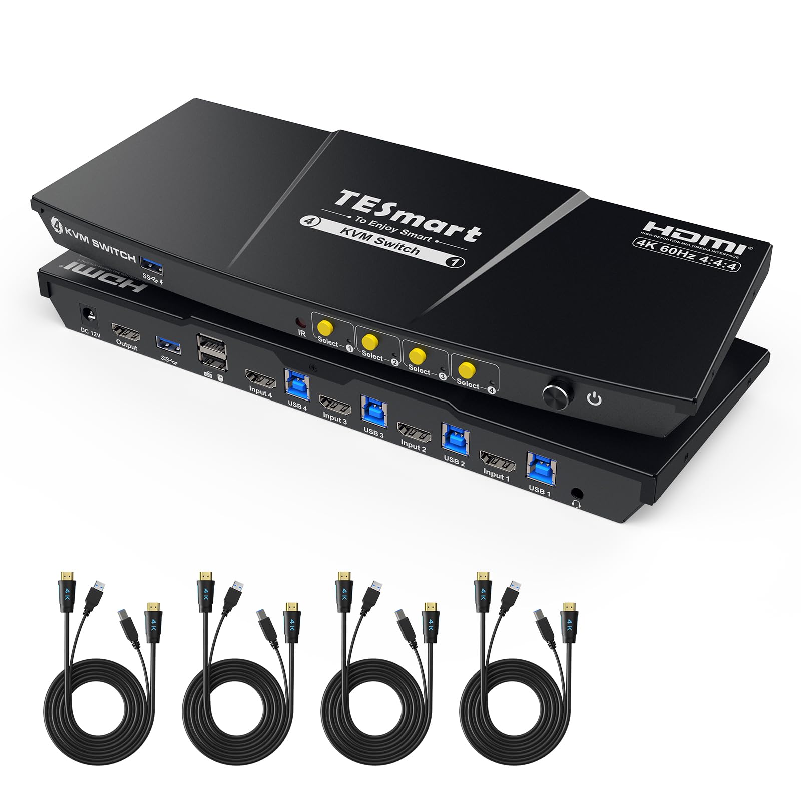 TESmart USB 3.0 HDMI KVM Switch 4 Port - 4K@60Hz 1 Monitor for 4 Computers | Supports Headset, Audio & Microphone | EDID Emulator, Hotkey & Remote Switch | Perfect for Home Office, Gaming & Multi-Device Workstations