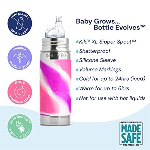 Pura Kiki 9oz/260ml Stainless Steel Insulated Sippy Cup with Sleeve - Plastic-Free, MadeSafe Certified, Medical-Grade Silicone Spout - Fast Flow for Kids, Toddlers & Babies - Moss Green - Perfect for Daycare, Travel & On-the-Go Hydration