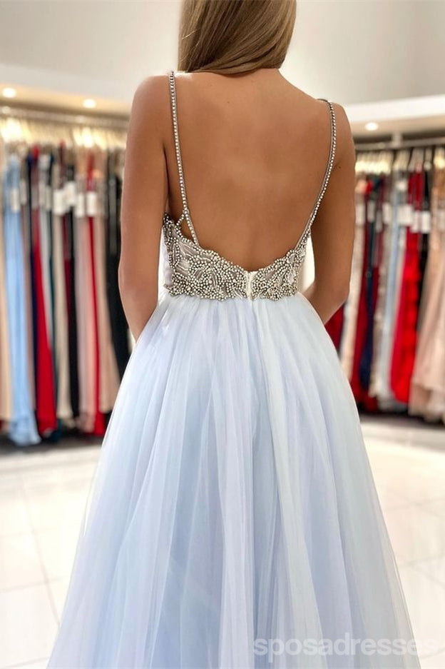 Elegant Blue A-Line Spaghetti Strap V-Neck Maxi Long Party Prom Dress for Women - Perfect for Evening Gala, Formal Events & Special Occasions