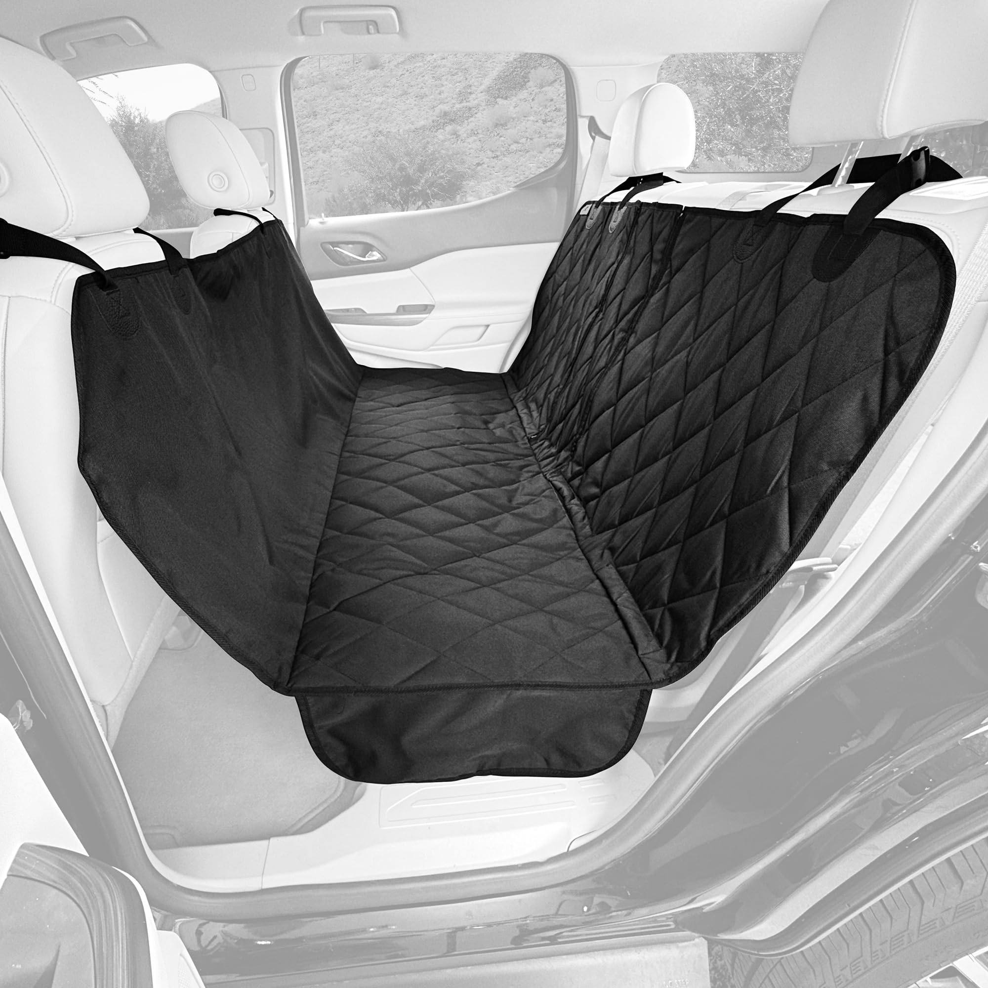4Knines Heavy Duty Dog Seat Cover with Hammock for Trucks & SUVs - XL Black Waterproof Pet Car Seat Protector for 60/40 Split Fold Down Rear Bench & Middle Seat Belt | Perfect for Road Trips, Camping & Daily Pet Transportation