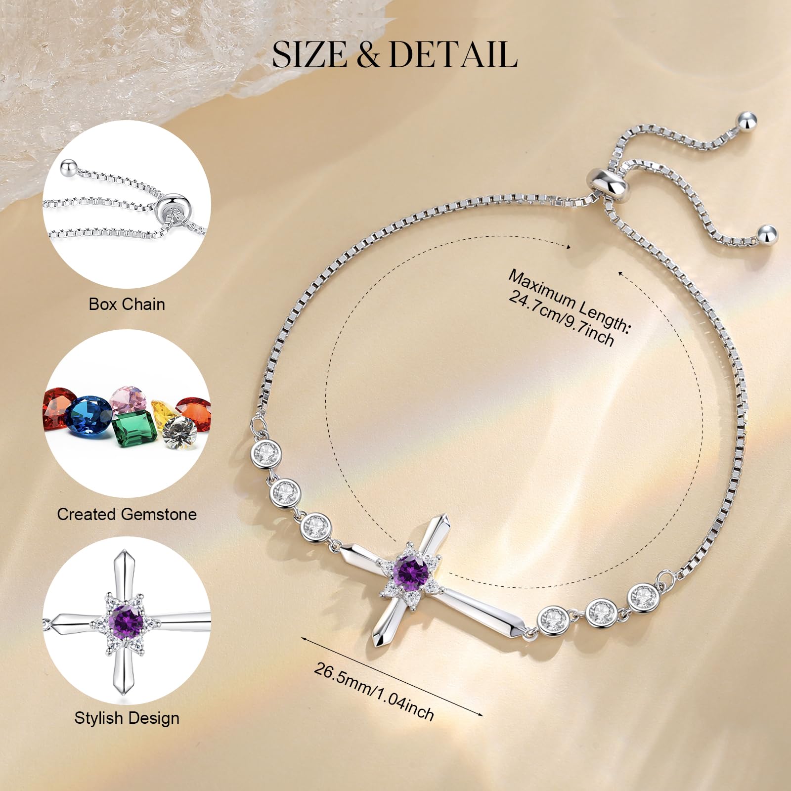FANCIME 925 Sterling Silver Halo Birthstone Bracelet for Women - Dainty Cross Charm Adjustable Chain Bracelet - Perfect Birthday Gift, Anniversary Present & Everyday Jewelry for Her