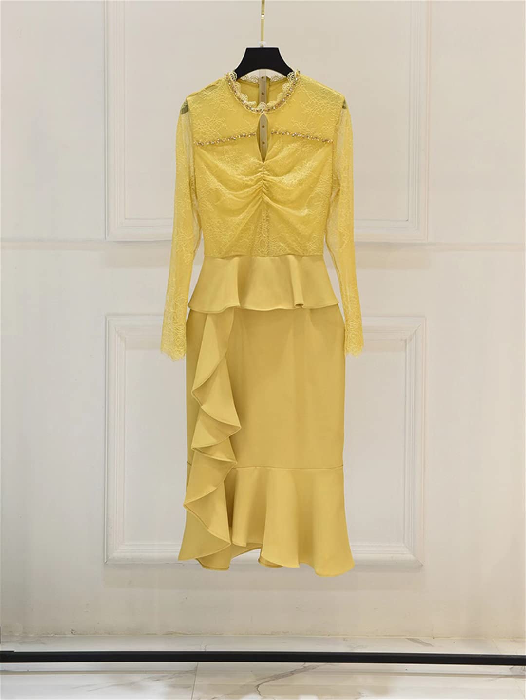 Elegant Yellow Lace Beaded Ruffled Maxi Dress for Women - Spring 2022 Fashion - Perfect for Weddings, Parties & Special Occasions