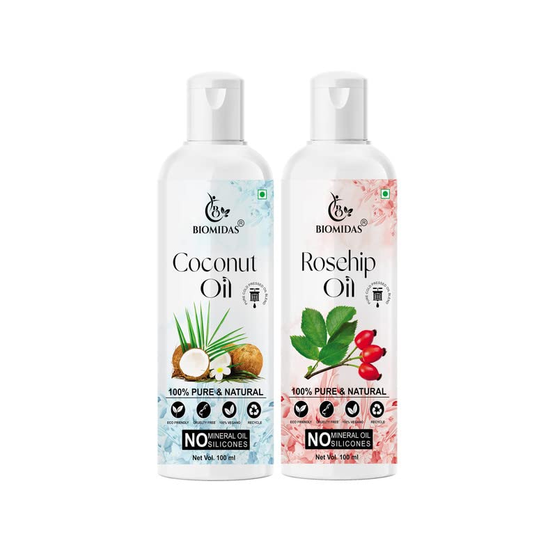 Biomidas 100% Pure Coconut Oil & Rosehip Oil Combo Set (100ML Each) - Natural Hair Growth Treatment for Thicker, Stronger Hair | Reduces Hair Fall & Split Ends | Nourishes for Softer, Shinier Locks | Perfect for Daily Hair Care & Scalp Massage (Pack of 2)
