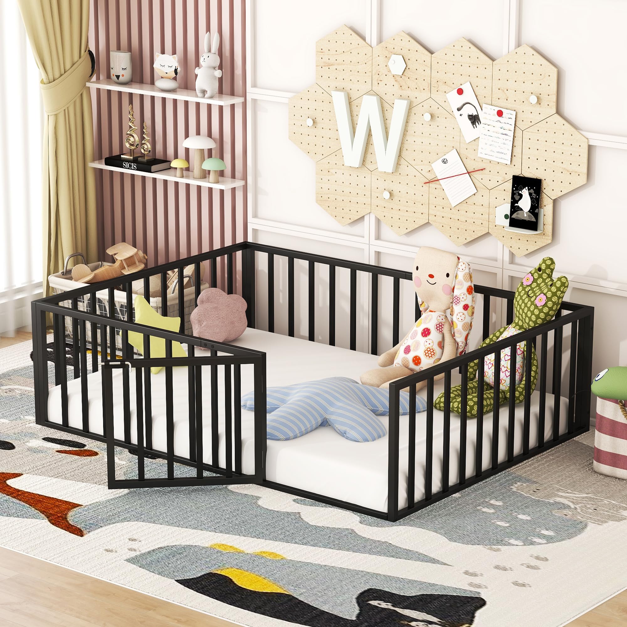 Montessori Full Size Floor Bed Frame for Kids - Sturdy Metal Frame with Safety Rails & Door - Fence-Shaped Guardrails for Toddlers, Boys & Girls (Black) - Perfect for Montessori Rooms, Daycare Centers & Safe Toddler Sleeping Spaces