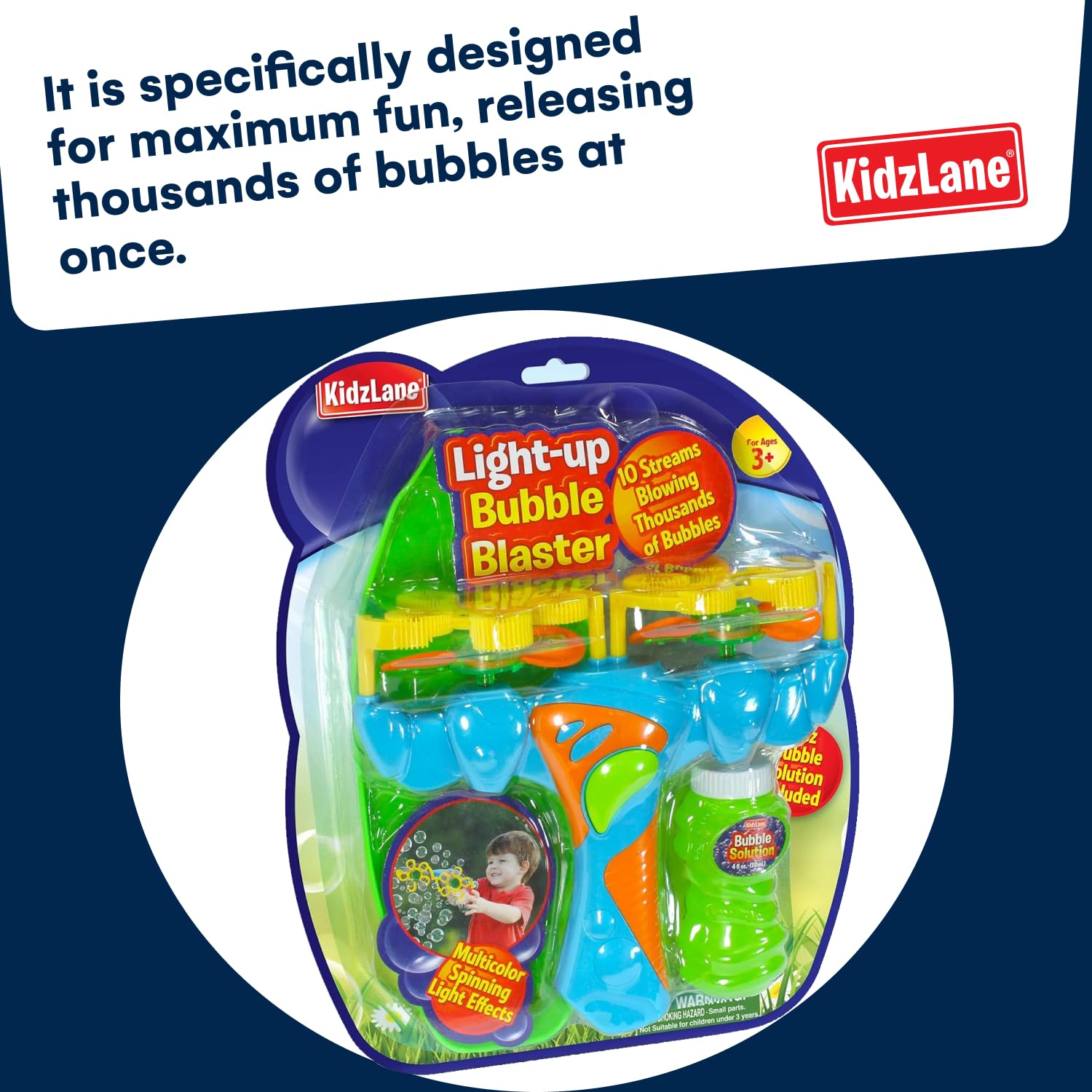 Kidzlane Bubble Blaster - Light Up Bubble Machine for Kids & Toddlers | Handheld Bubble Blower Wand with 4oz Solution | Outdoor & Indoor Bubble Toy for Ages 3+ | Perfect for Birthday Parties, Backyard Play & Summer Fun