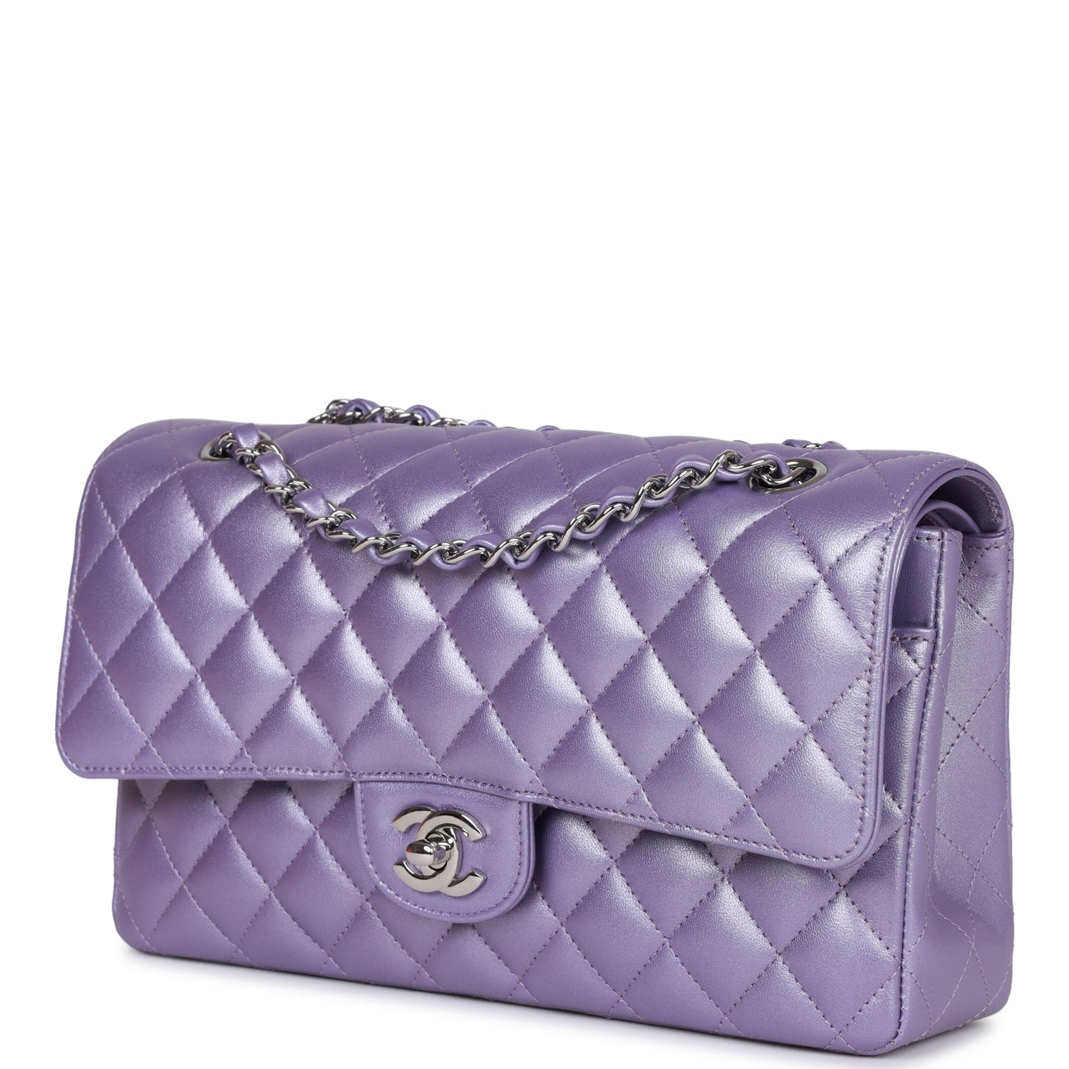 Chanel Medium Classic Double Flap Bag in Purple Metallic Lambskin with Silver Hardware - Luxury Handbag for Women, Perfect for Evening Events & Special Occasions