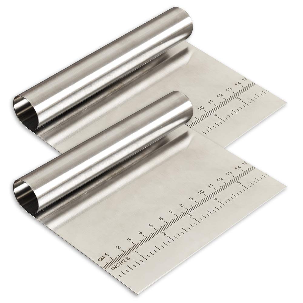 Cozihom 2-Pack Stainless Steel Dough Scraper with Measuring Scale - Multi-Purpose Pastry Cutter, Pizza Dough Divider, Bread Knife for Baking, Cooking & Kitchen Prep