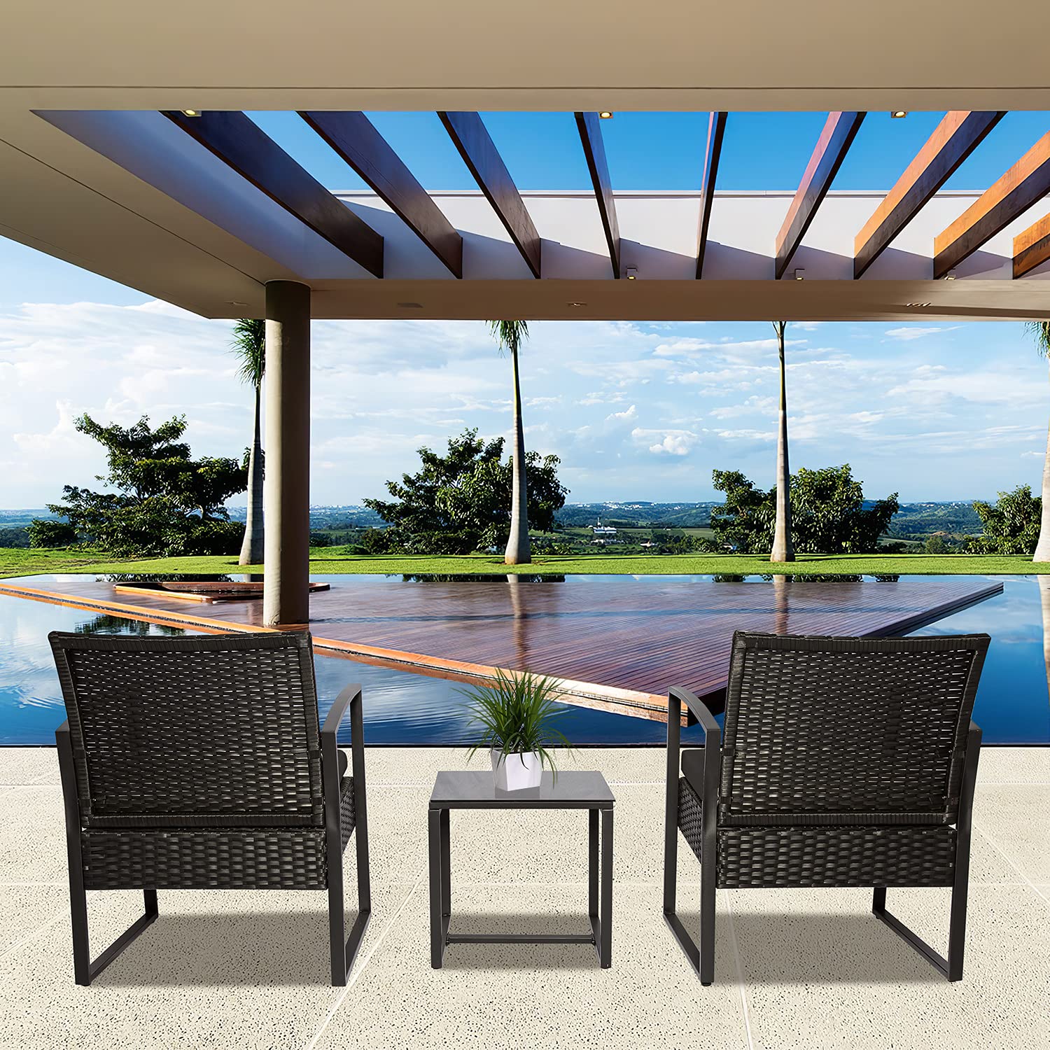 3-Piece Outdoor Patio Furniture Set - Modern Wicker Bistro Set with Rattan Chairs & Coffee Table - Black - Perfect for Garden, Balcony, and Backyard Relaxation