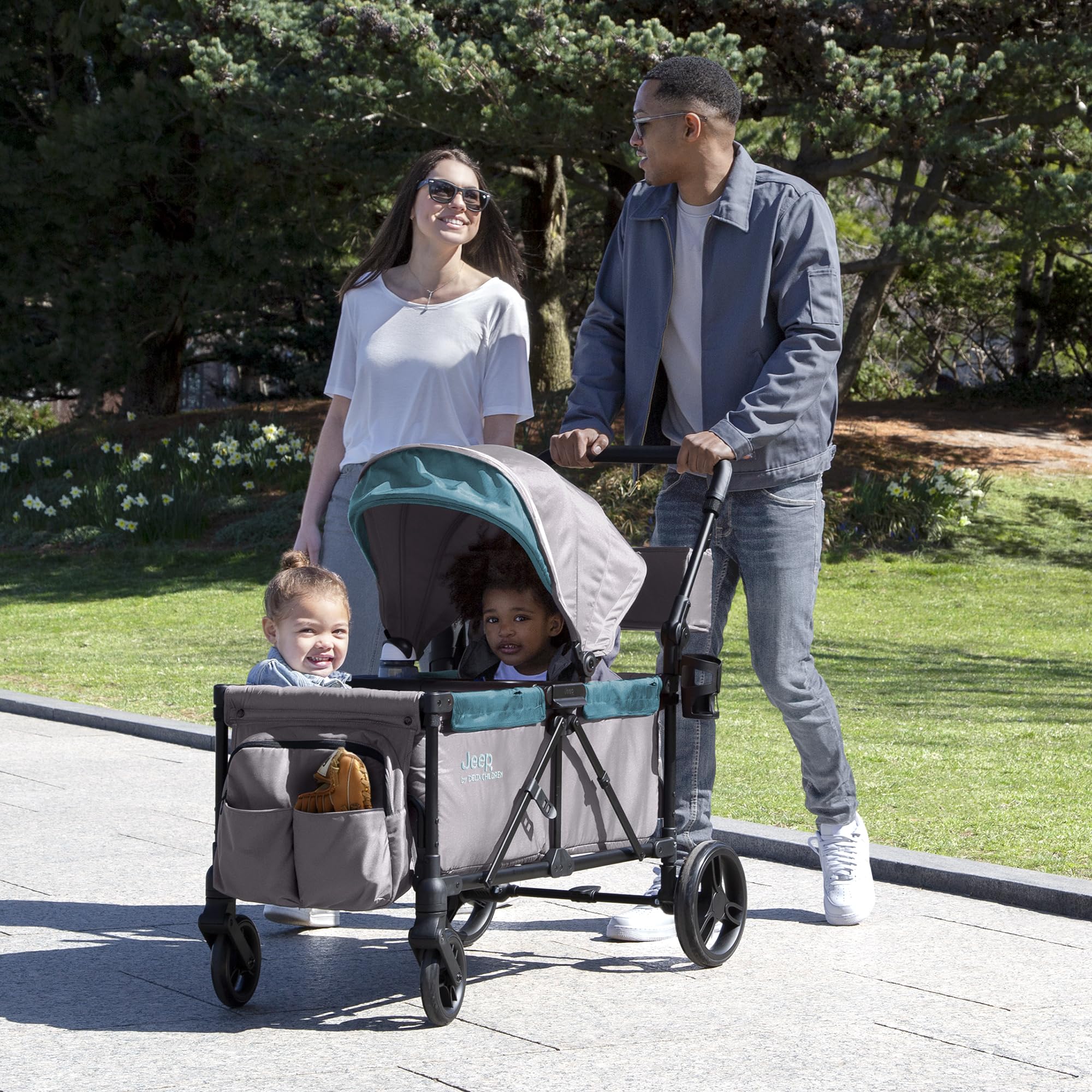 Delta Children Jeep Sport All-Terrain Stroller Wagon with Canopy, Parent Organizer & Snack Tray - Adjustable Handlebar, Cup Holders - Grey/Blue Moon - Perfect for Outdoor Adventures, Beach Trips and Family Outings