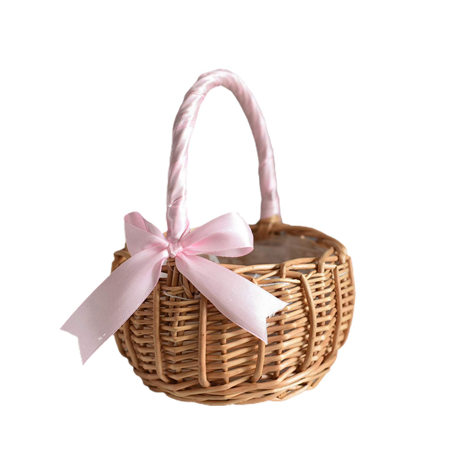 Pink Woven Wicker Flower Basket - Handheld Wedding Flower Girl Basket, Decorative Storage Basket for Home, Picnic & Party Decor - Multifunctional Organizer for Flowers, Toys & Essentials