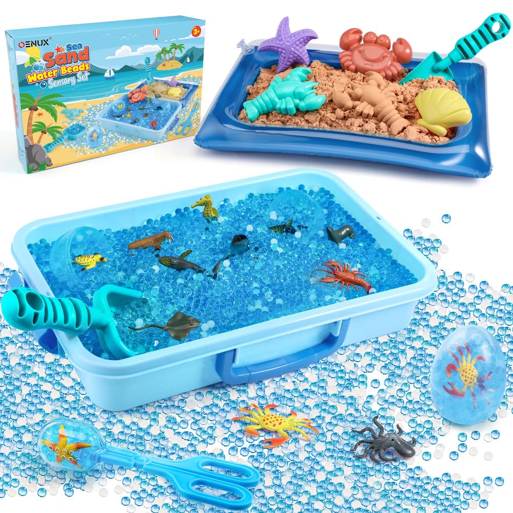OENUX Ocean Sensory Toys for Kids - 20,000 Water Beads, 2.2lbs Play Sand, 2 Sandbox, 12 Sea Animal & 7 Sand Toys - Sensory Bins for Toddlers Ages 1-8 | Perfect for Beach-Themed Play, Sensory Development & Early Learning Activities