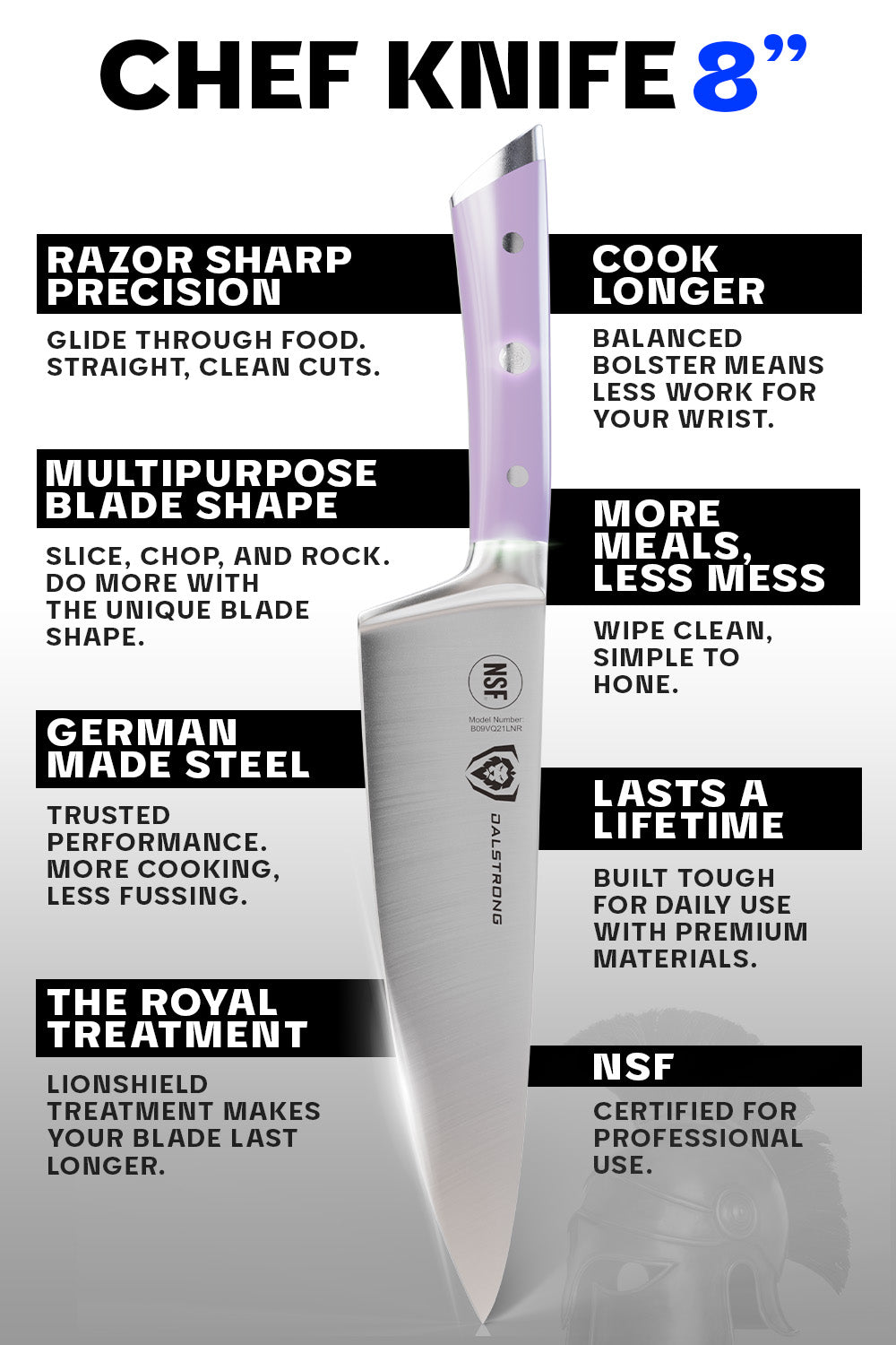 Premium 8-Inch Chef Knife with Lilac Handle - Gladiator Series NSF Certified by Dalstrong - Perfect for Professional Chefs & Home Cooking