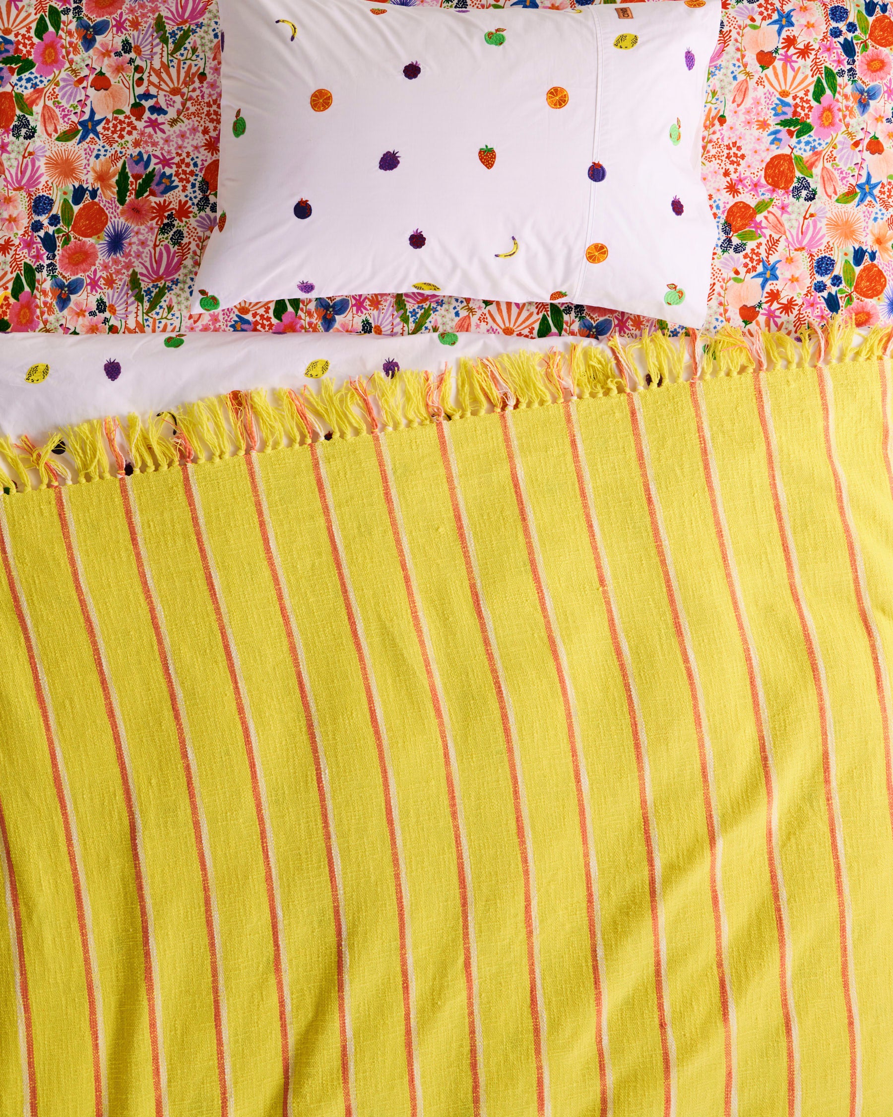 Premium Embroidered Cotton Pillowcase with Fruit Salad Design - Soft & Breathable Bedding for Home Decor, Gift, or Dorm Room