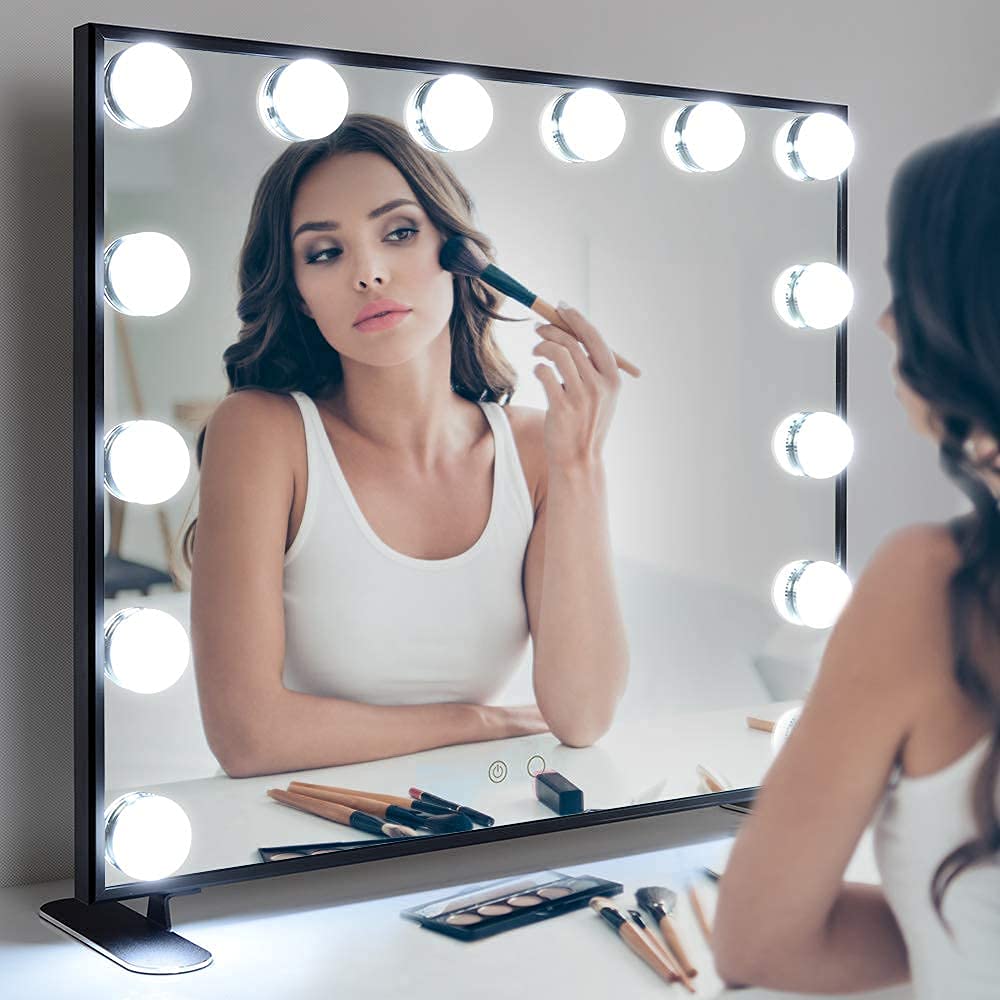 Hollywood Vanity Mirror with Lights - 14 LED Bulbs, Black Lighted Makeup Mirror for Bedroom & Dressing Room, Tabletop or Wall Mounted - Perfect for Makeup Application, Skincare Routine & Home Salon Setup (Black)