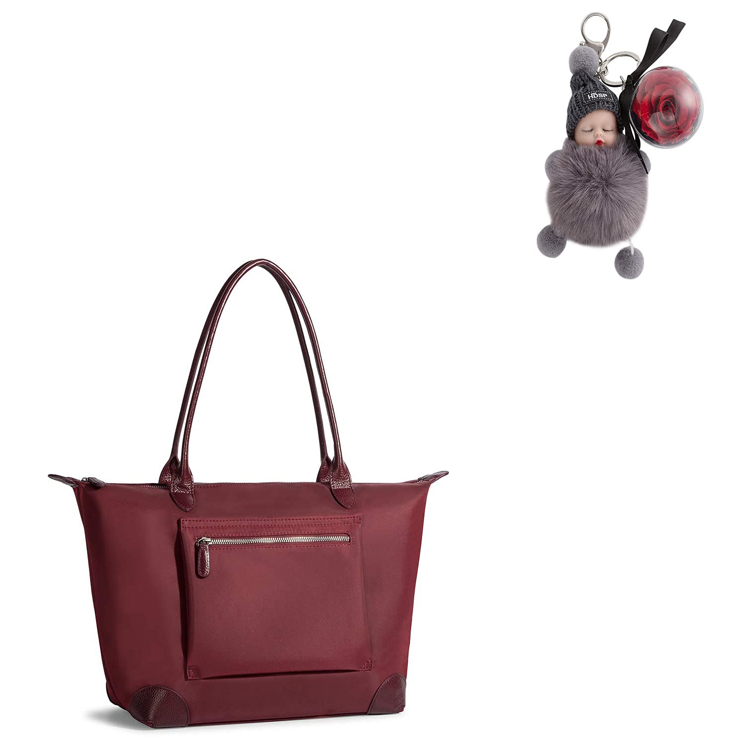 Stylish Large Nylon Handbags with Leather Handles & Rose Flower Keychains - Fashionable Women's Purses with Cute Doll Key Fobs for Everyday Use, Work, and Special Occasions