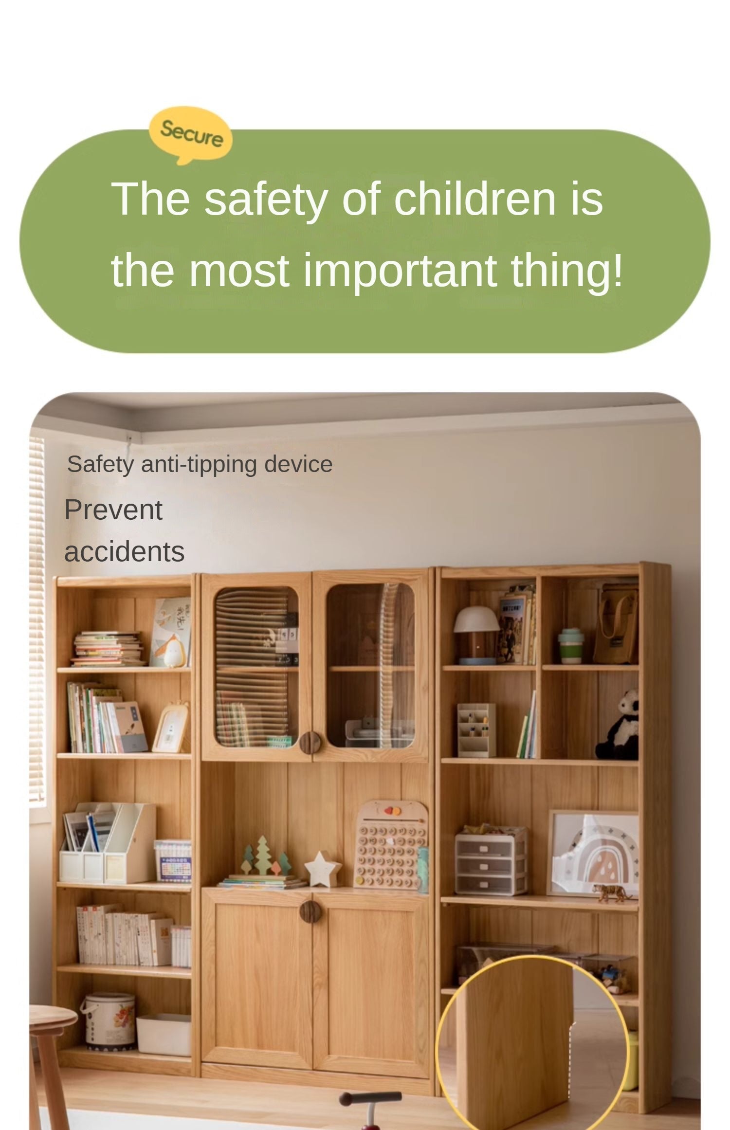 Solid Oak Wood Kids Bookshelf - Sturdy & Safe Book Storage for Toddlers & Children - Perfect for Bedroom, Nursery, or Playroom Organization