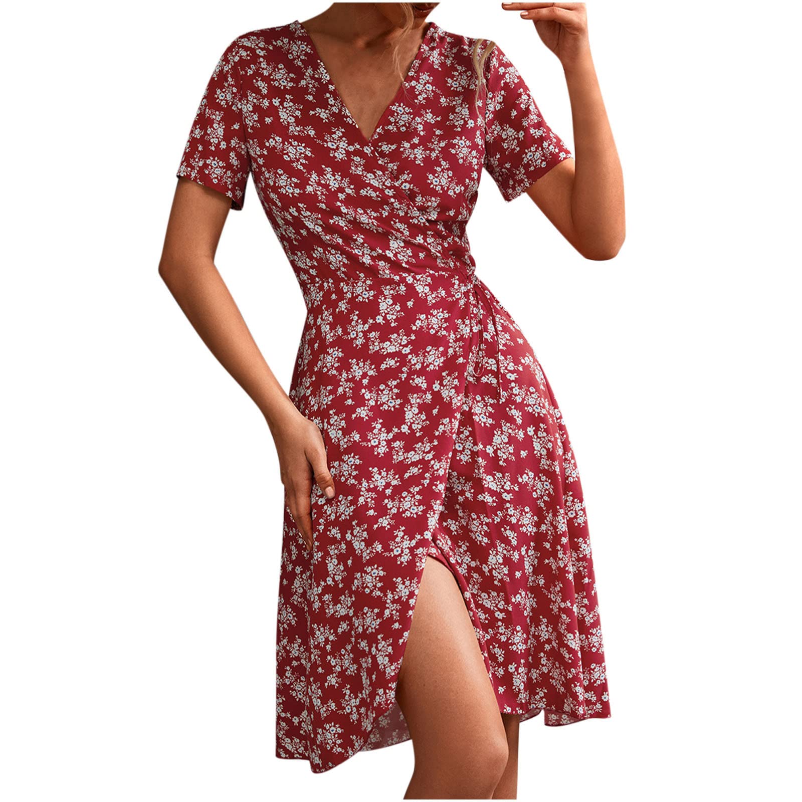 Women's Summer Floral Chiffon Boho Dress - V-Neck Wrap Style with Short Sleeves, Knee Length & Tie Waist | Perfect for Beach Vacations, Date Nights & Casual Outings