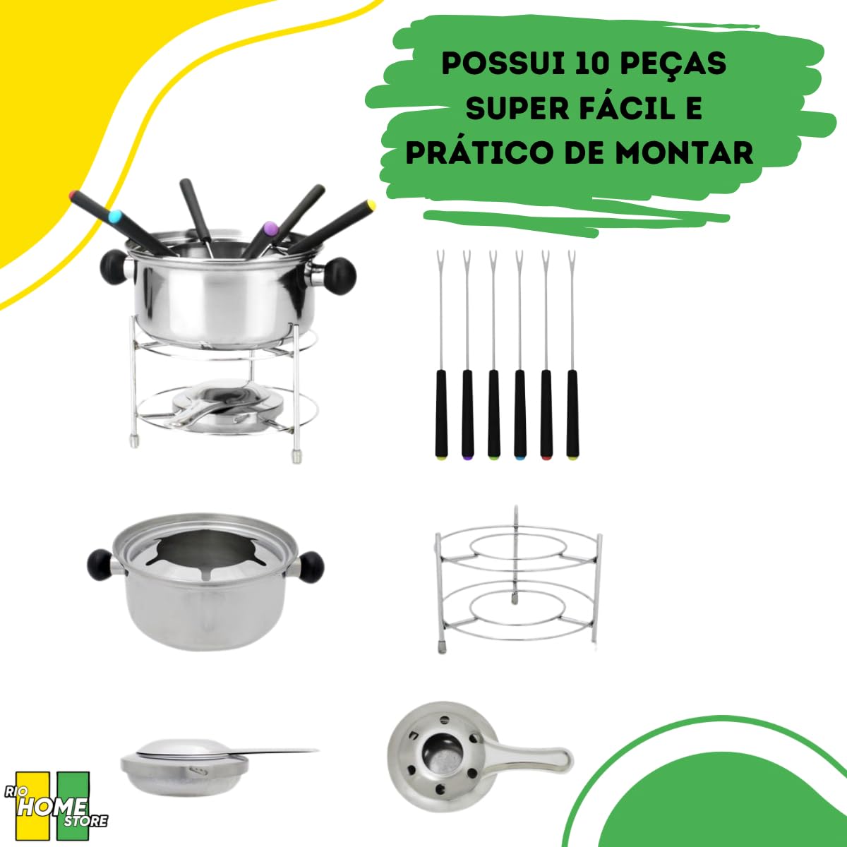 Stainless Steel Fondue Set 10-Piece Kit for Chocolate, Cheese & Meat - Romantic Dinner & Party Entertaining (Black)