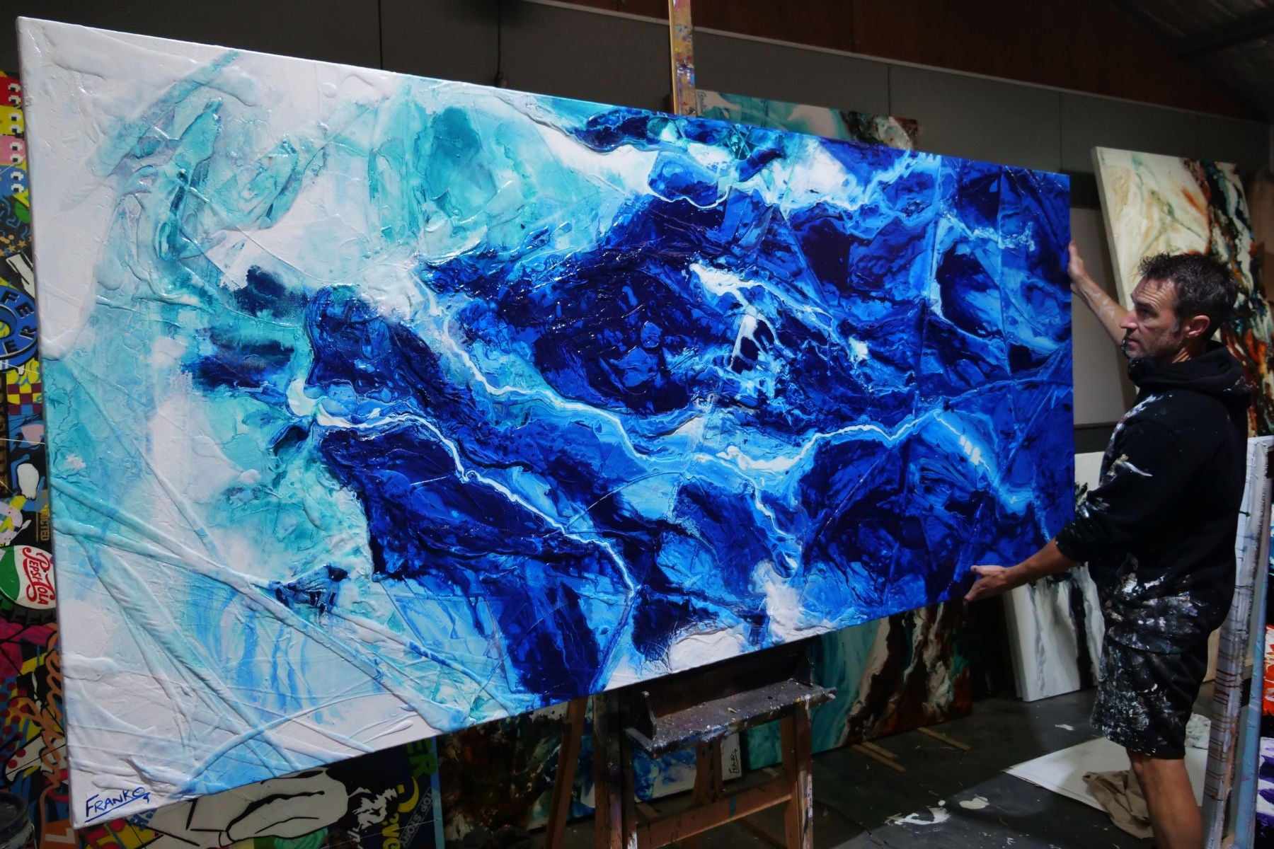 Fractured Sapphire Blue and White Textured Abstract Painting - 270cm x 120cm Large Wall Art for Living Room, Bedroom, or Office Decor